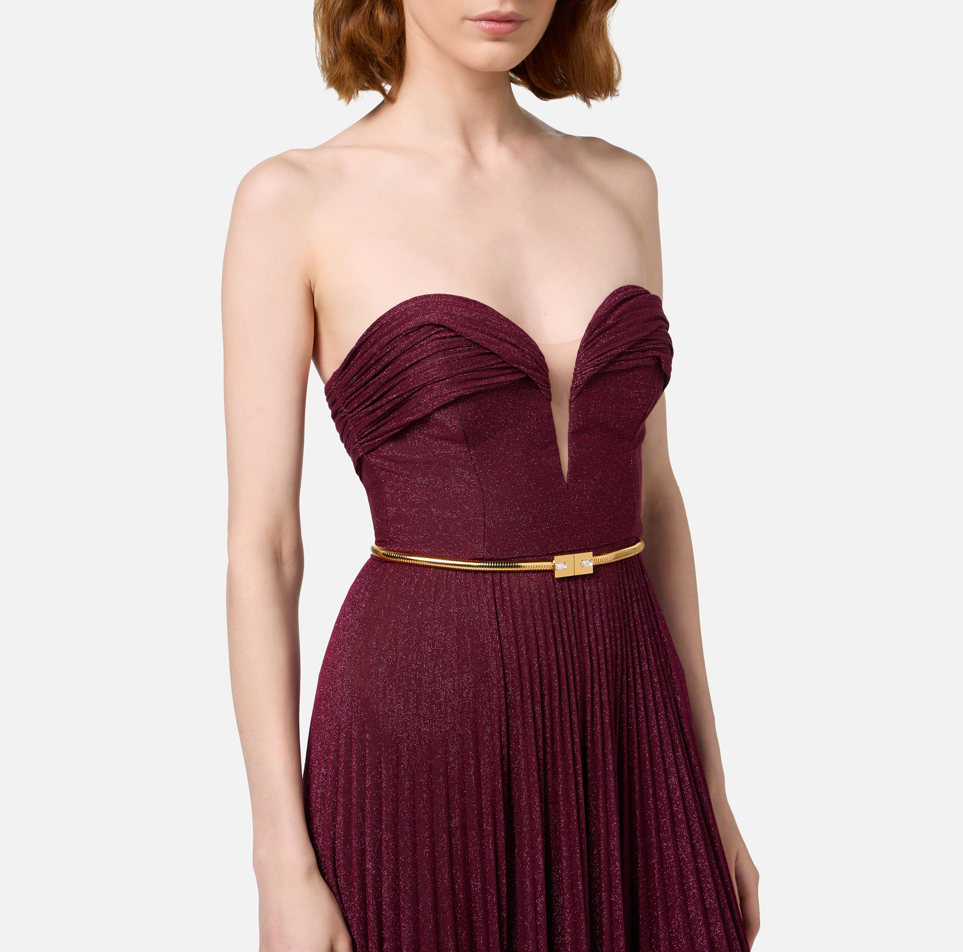 Pleated red carpet dress in lurex jersey with belt | Elisabetta Franchi® Outlet