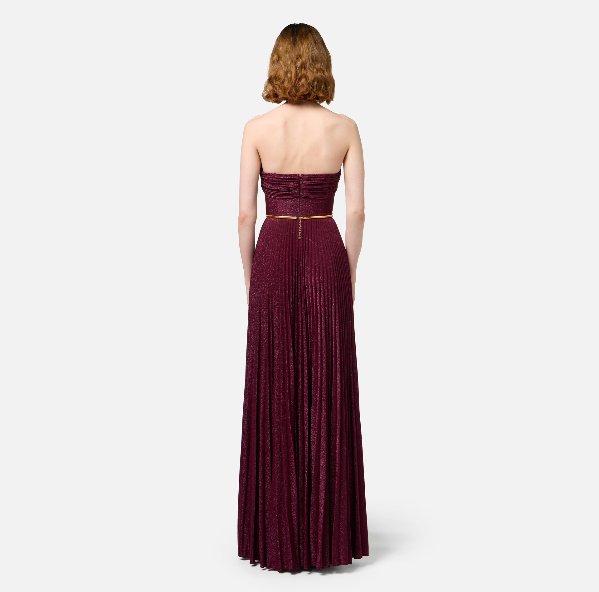 Pleated red carpet dress in lurex jersey with belt | Elisabetta Franchi® Outlet