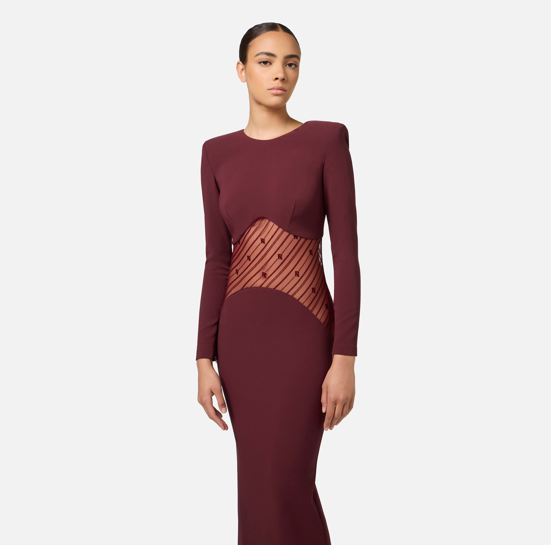 Red carpet dress in crêpe fabric with flocked tulle insert | Elisabetta Franchi® Outlet