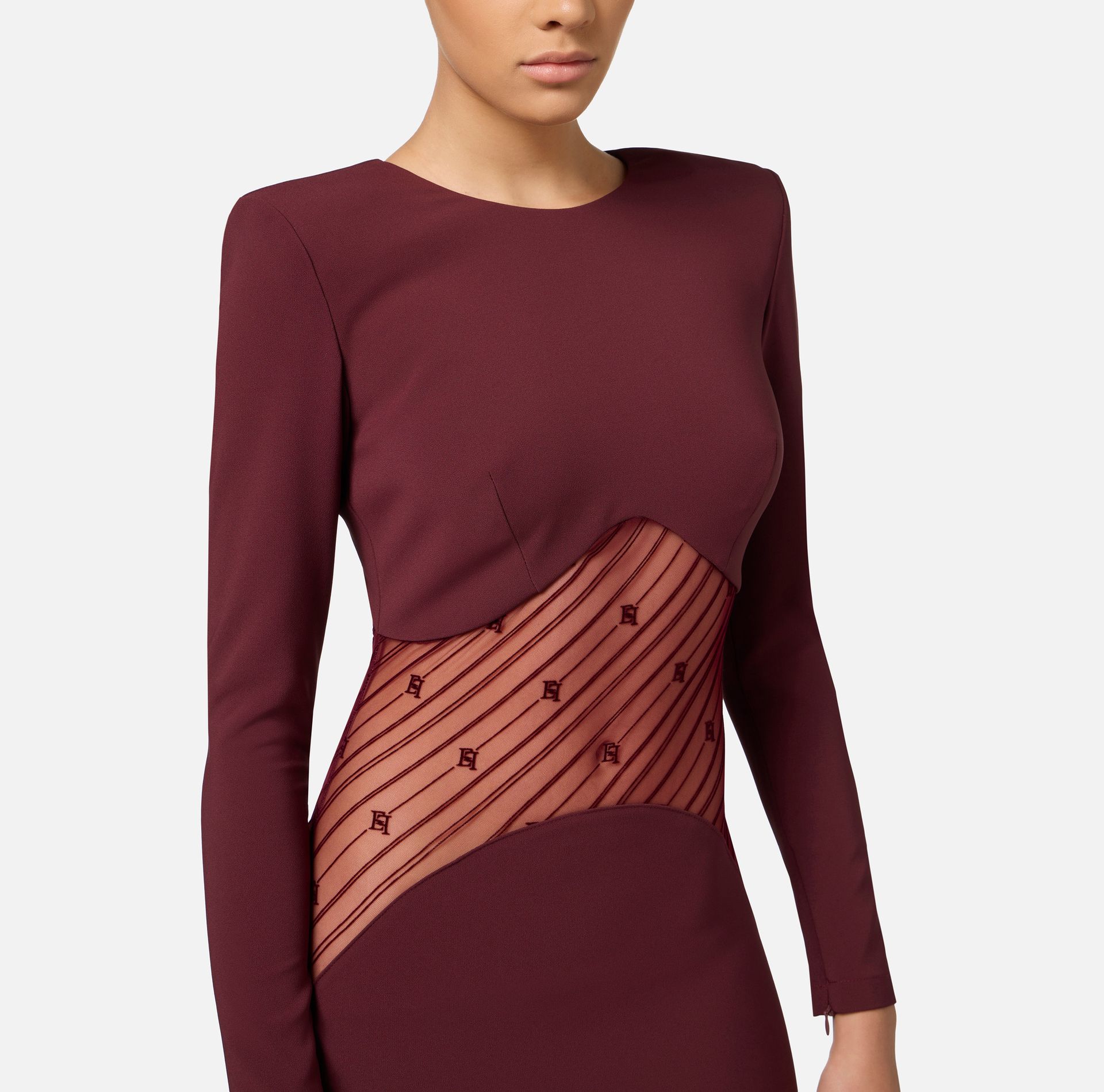 Red carpet dress in crêpe fabric with flocked tulle insert | Elisabetta Franchi® Outlet