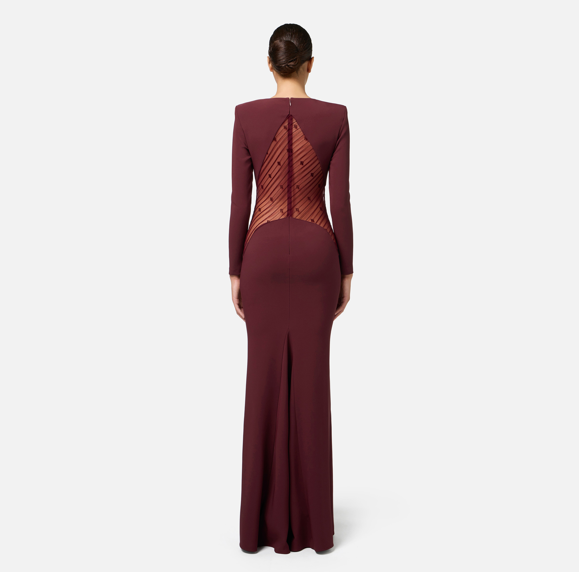 Red carpet dress in crêpe fabric with flocked tulle insert | Elisabetta Franchi® Outlet