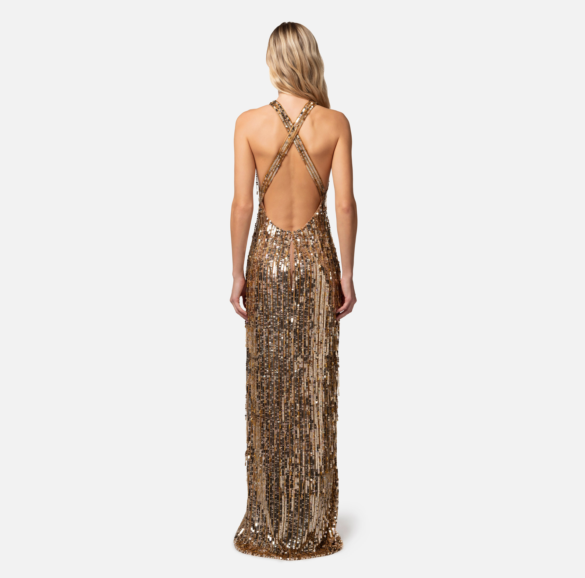 Red carpet dress with fringes made of beads and sequins - Elisabetta Franchi® Outlet
