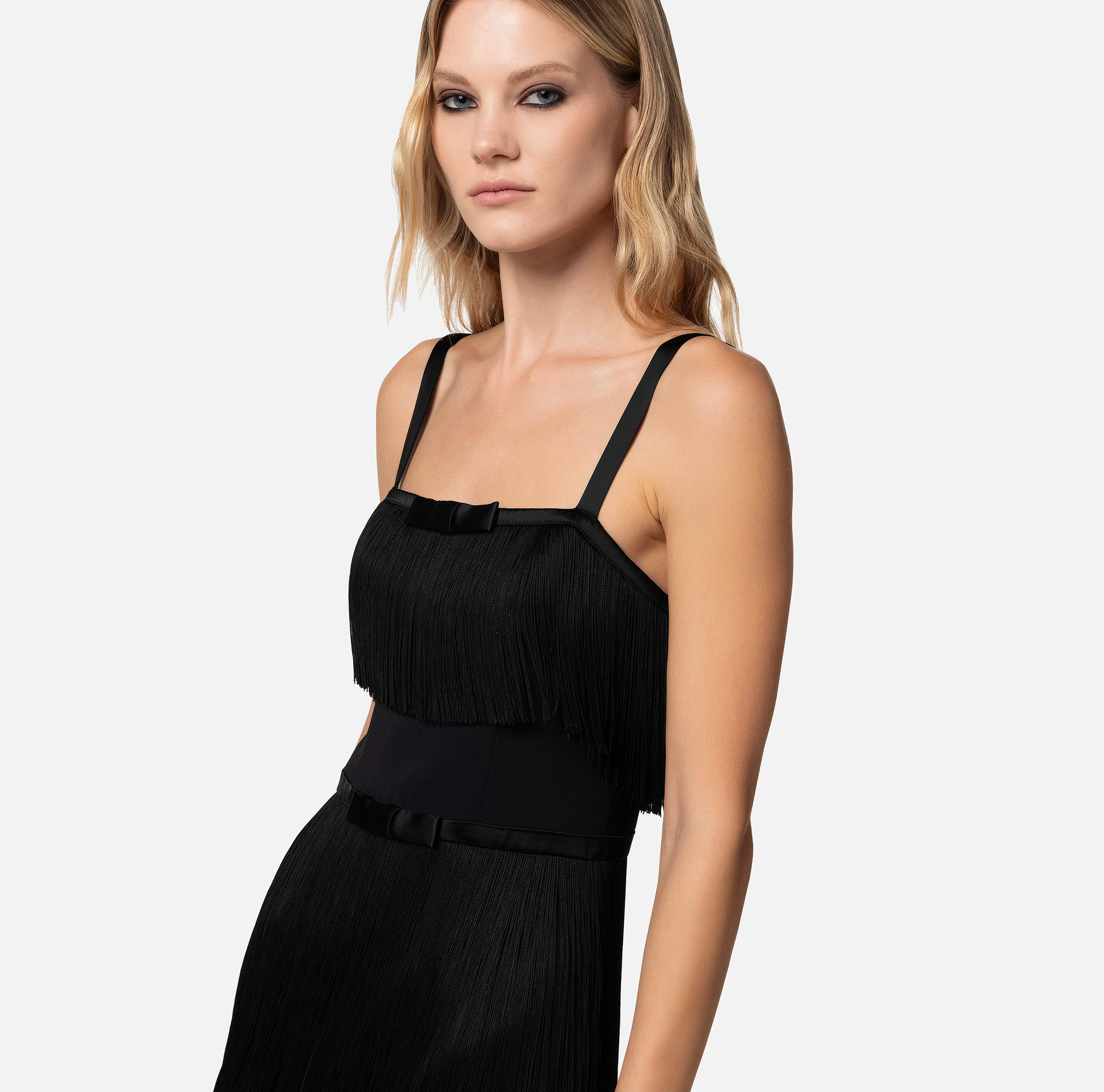 Mini-dress in crêpe fabric with fringes and bow - Elisabetta Franchi® Outlet