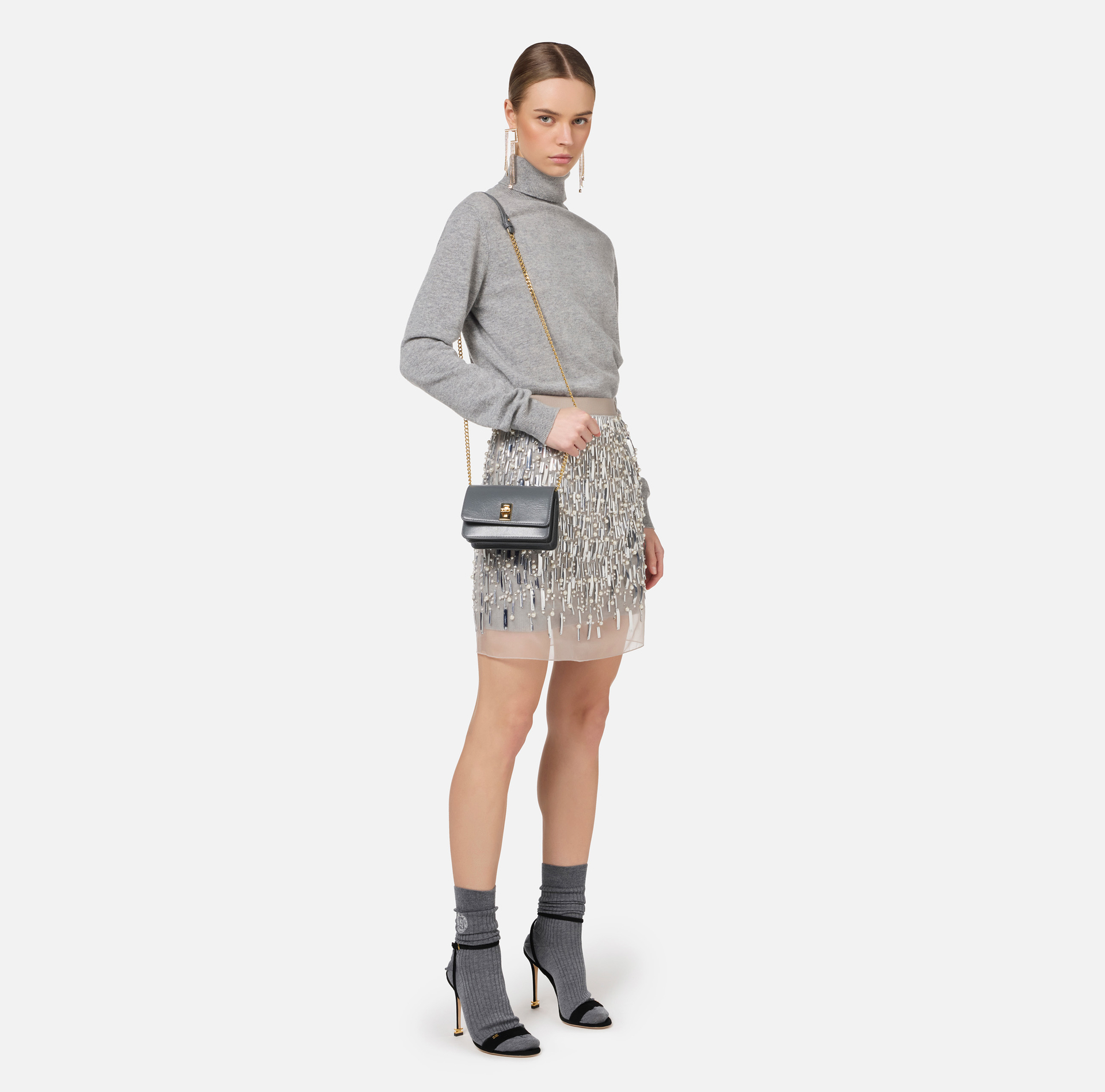 Abito dolcevita in lana con gonna ricamata | Elisabetta Franchi® Outlet