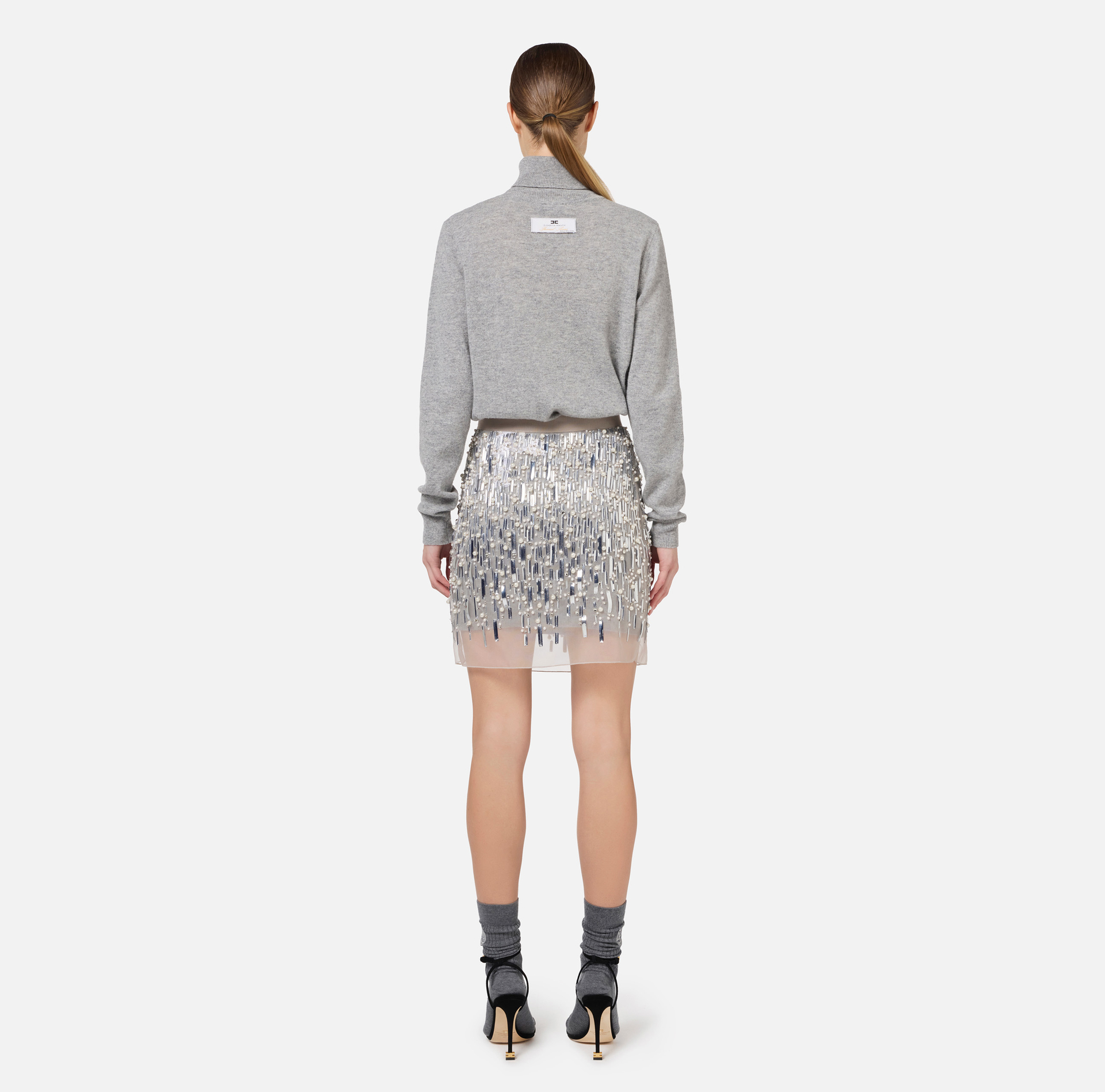 Abito dolcevita in lana con gonna ricamata | Elisabetta Franchi® Outlet