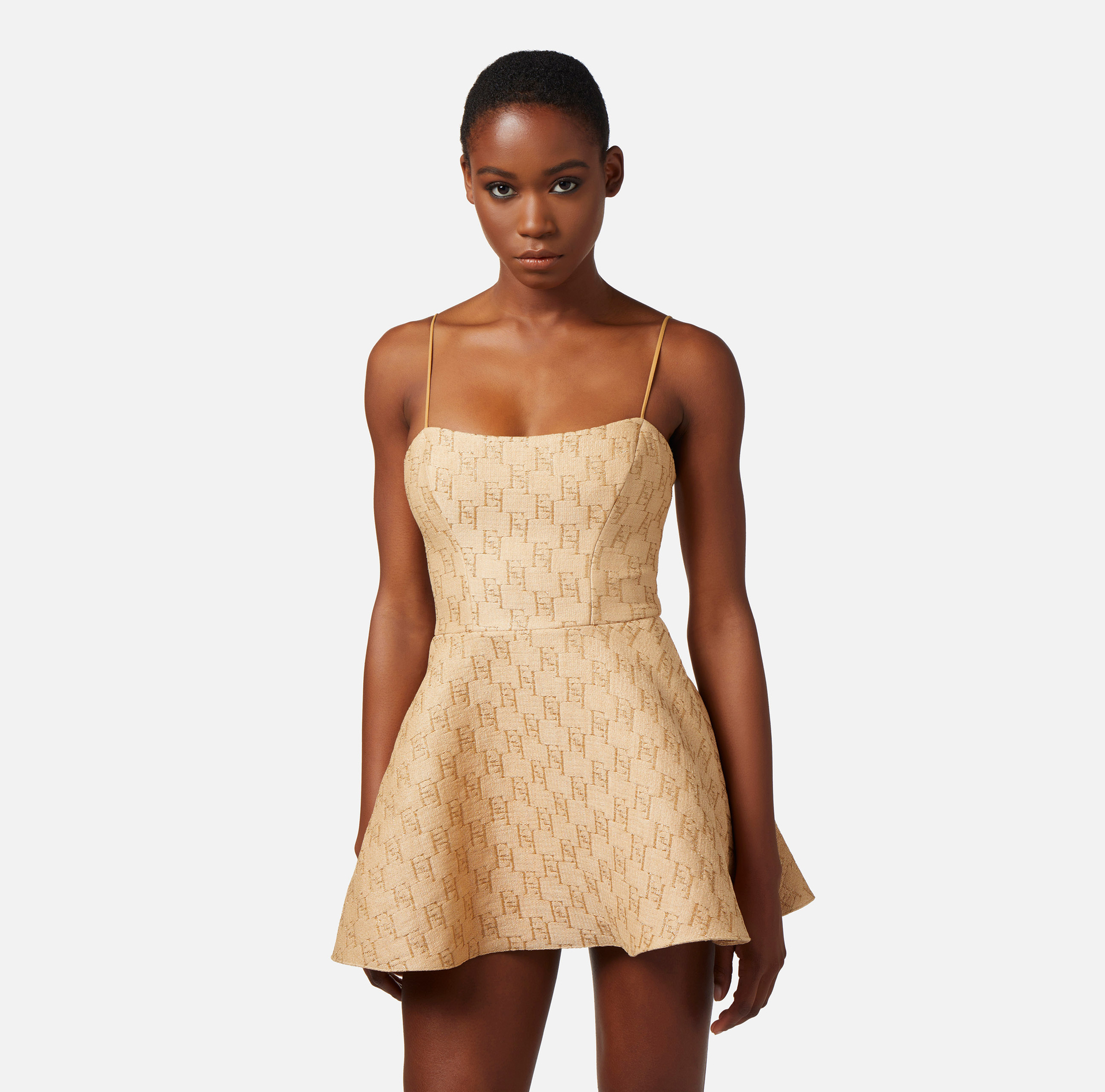 Mini-dress in jacquard raffia with lurex logo - Elisabetta Franchi® Outlet