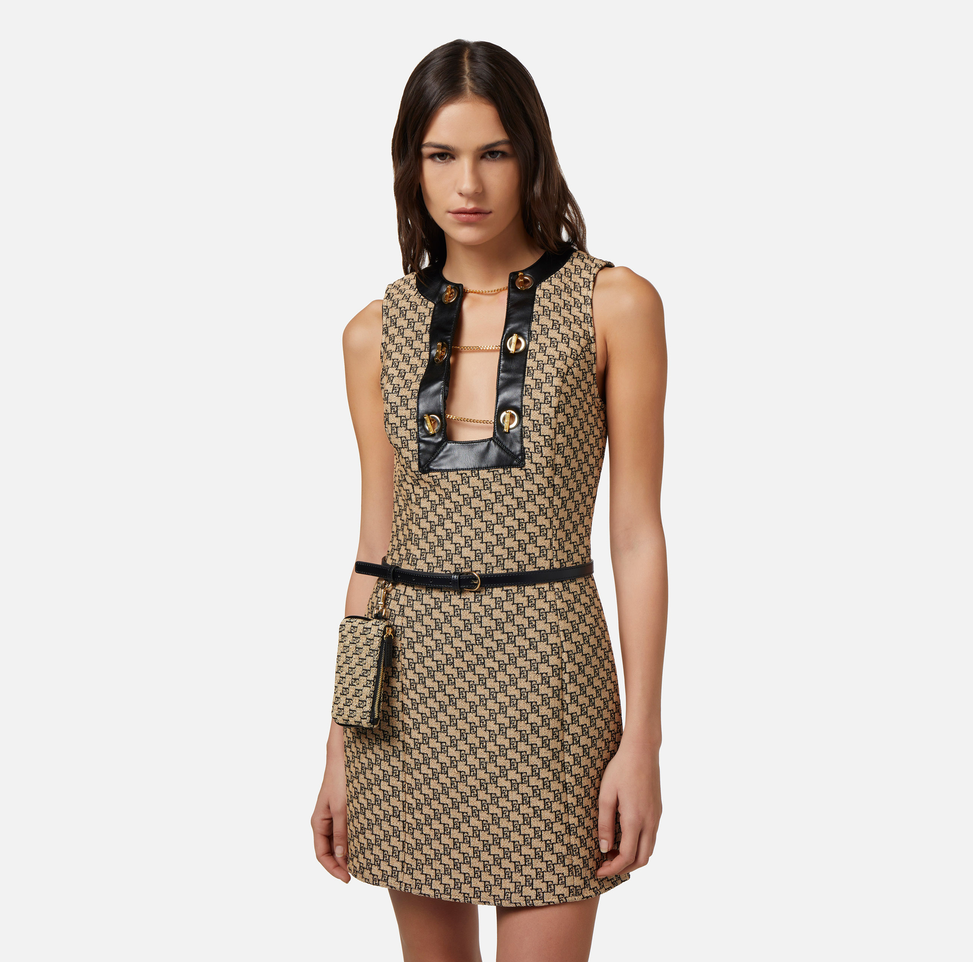 Jacquard raffia mini-dress with cufflink buttons - Elisabetta Franchi® Outlet