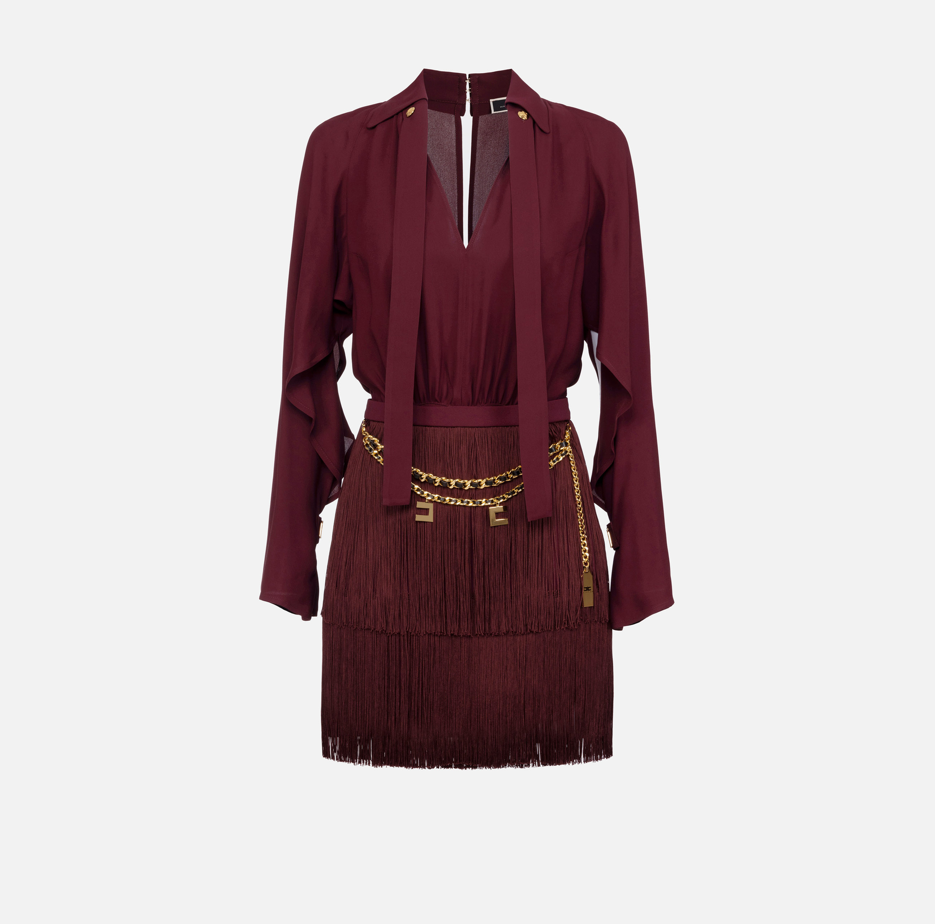 Mini-dress with shirt with scarf and fringed skirt | Elisabetta Franchi® Outlet