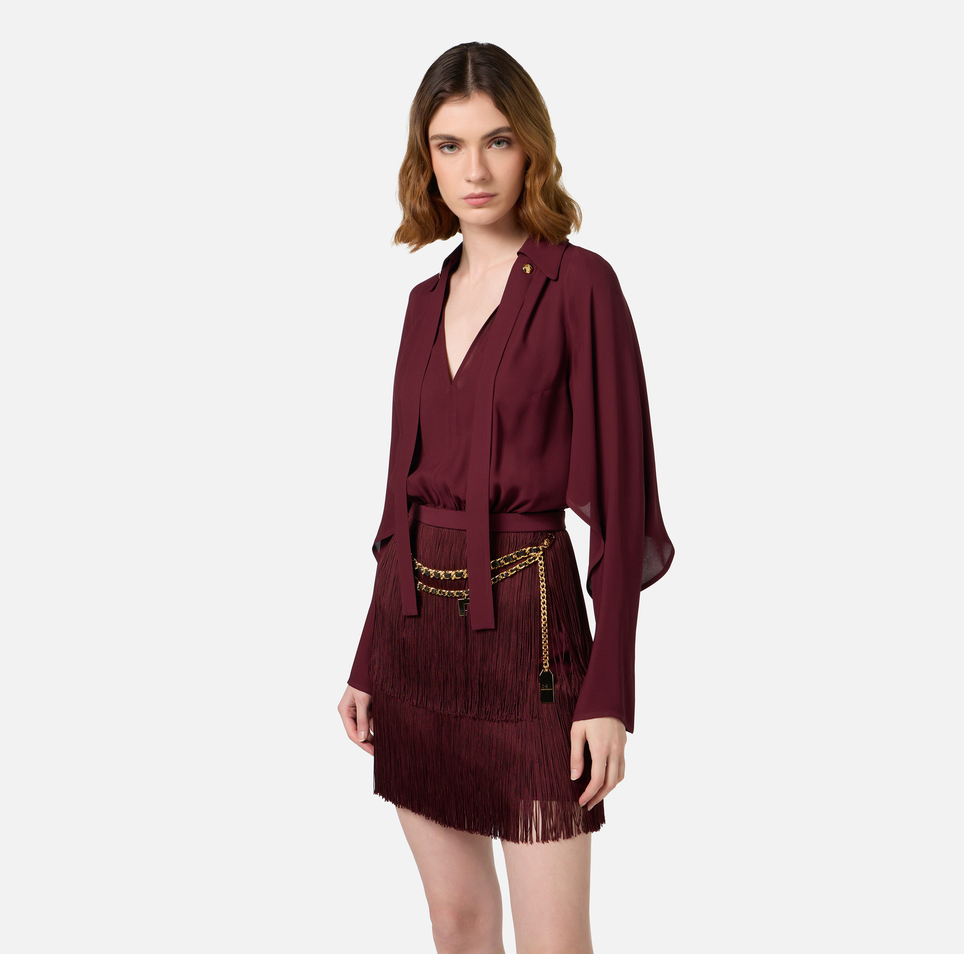 Mini-dress with shirt with scarf and fringed skirt | Elisabetta Franchi® Outlet