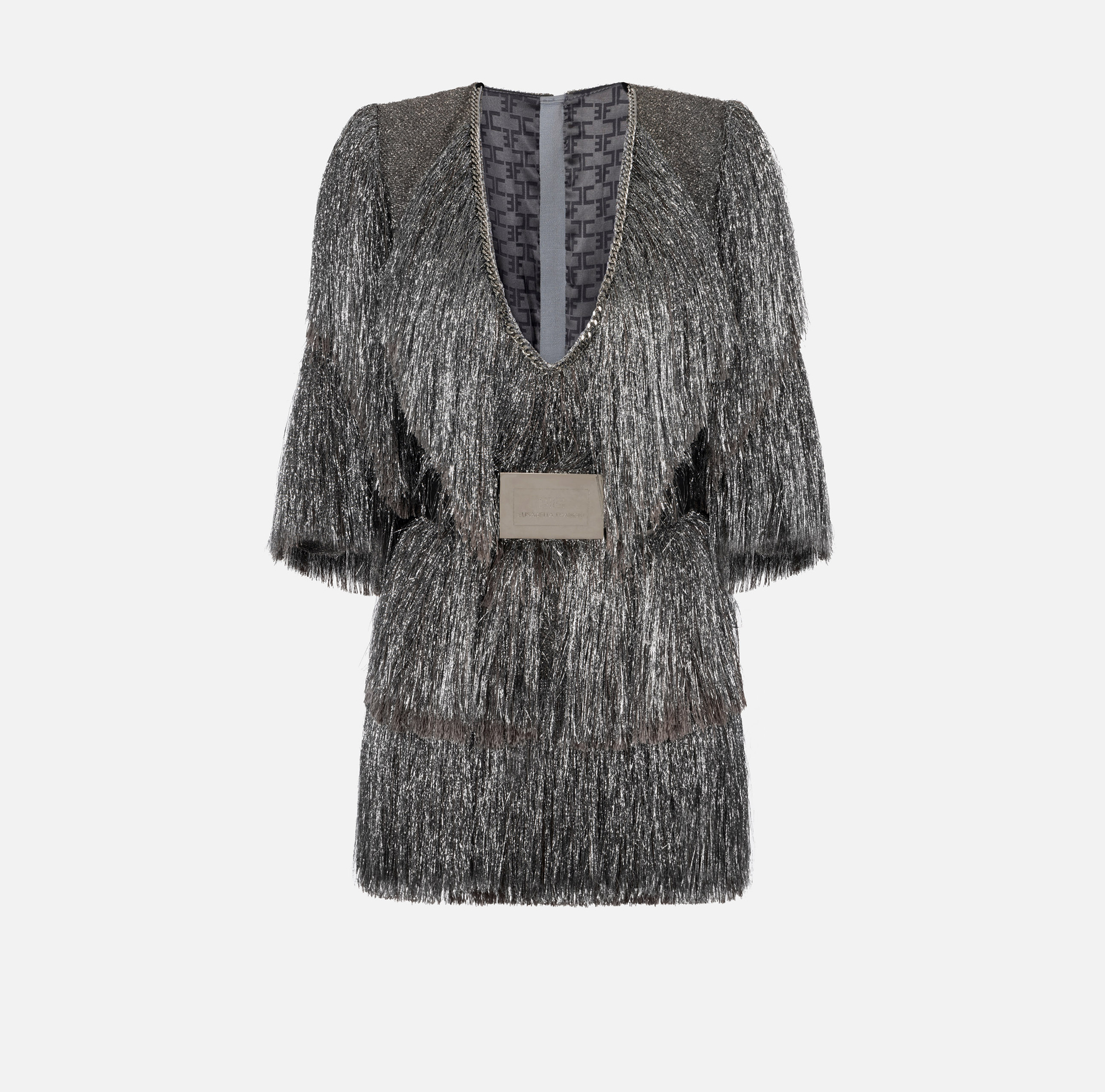 Lurex tweed mini-dress with fringes and belt - Elisabetta Franchi® Outlet