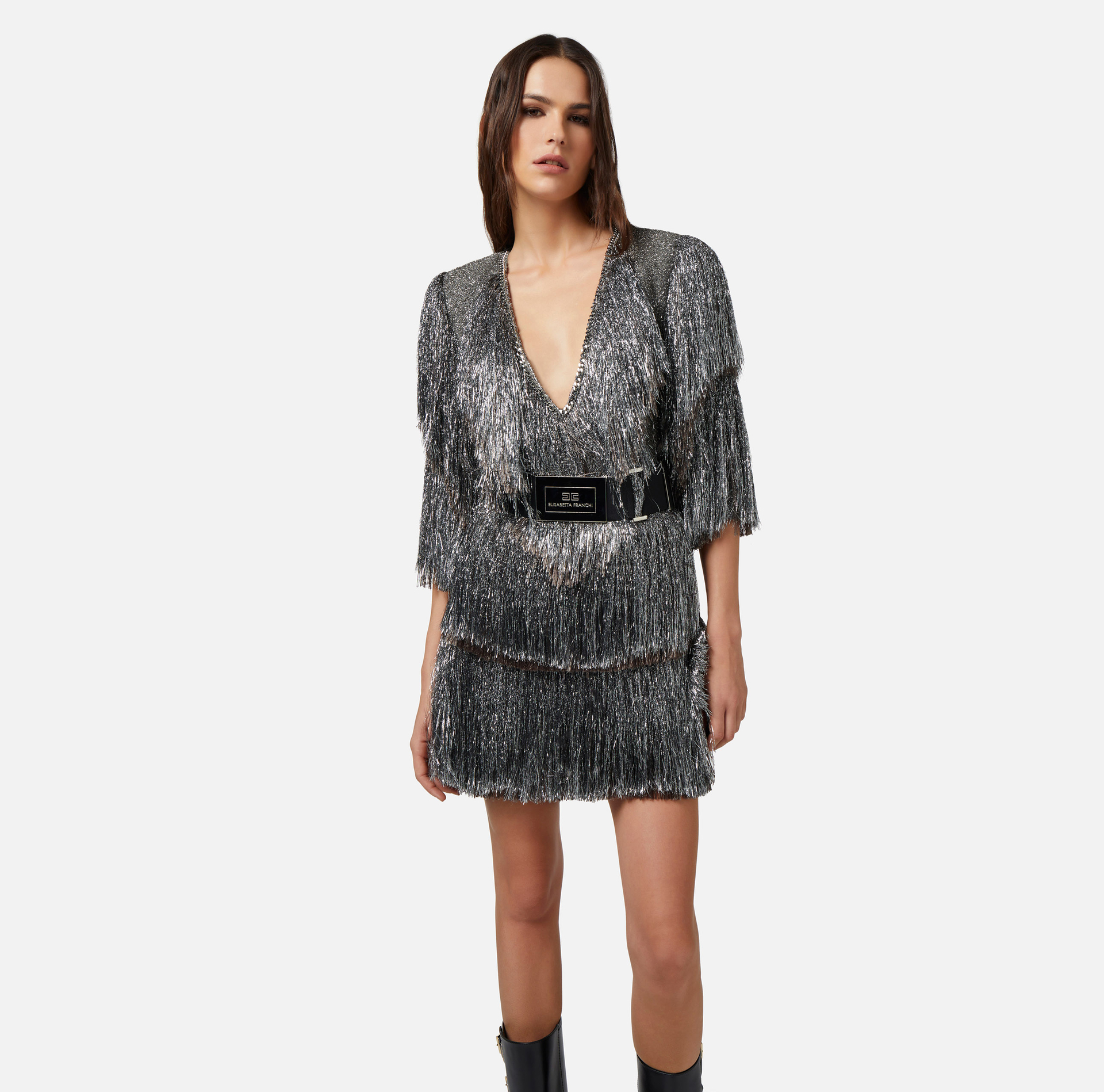 Lurex tweed mini-dress with fringes and belt - Elisabetta Franchi® Outlet