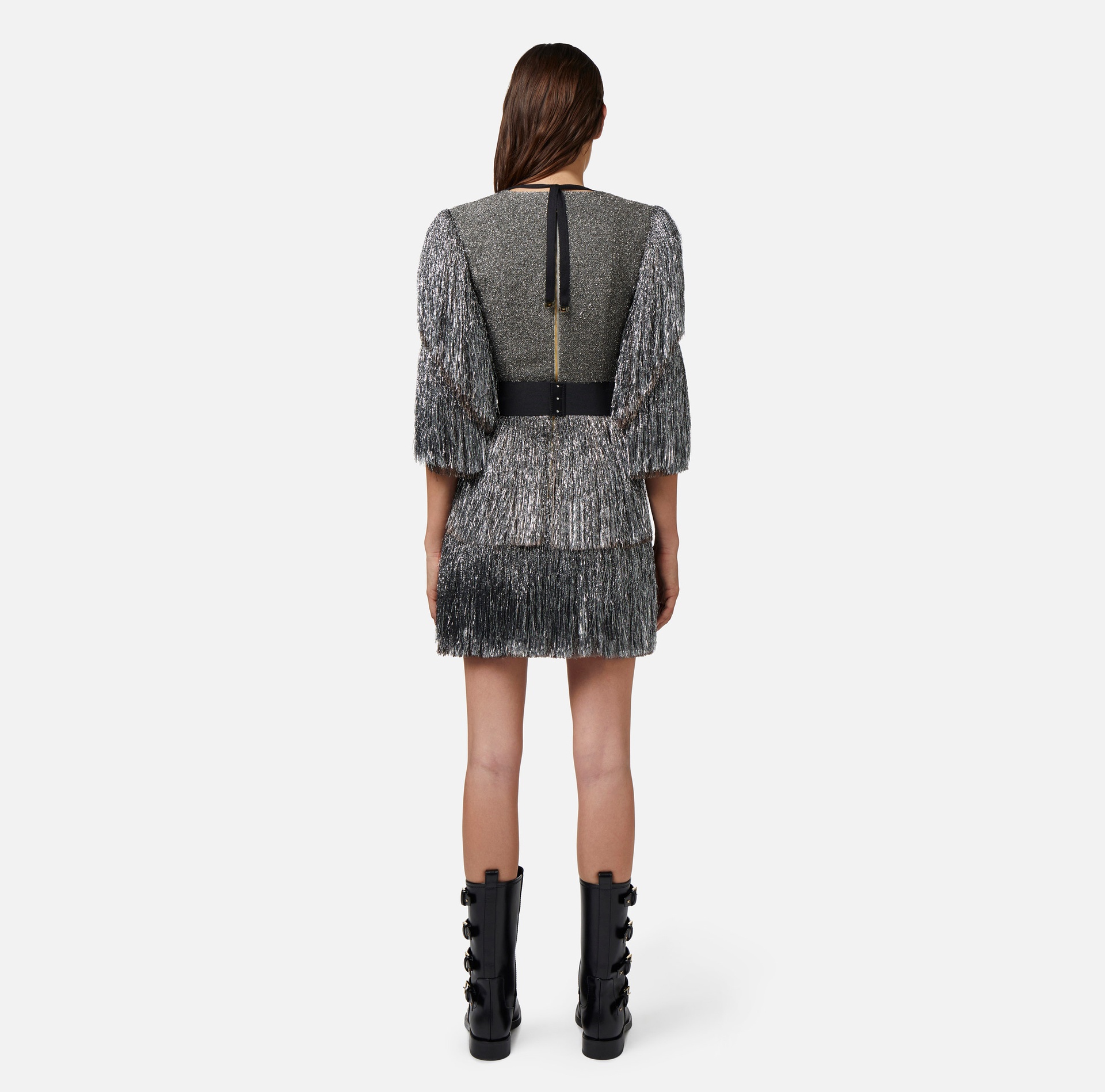 Lurex tweed mini-dress with fringes and belt - Elisabetta Franchi® Outlet