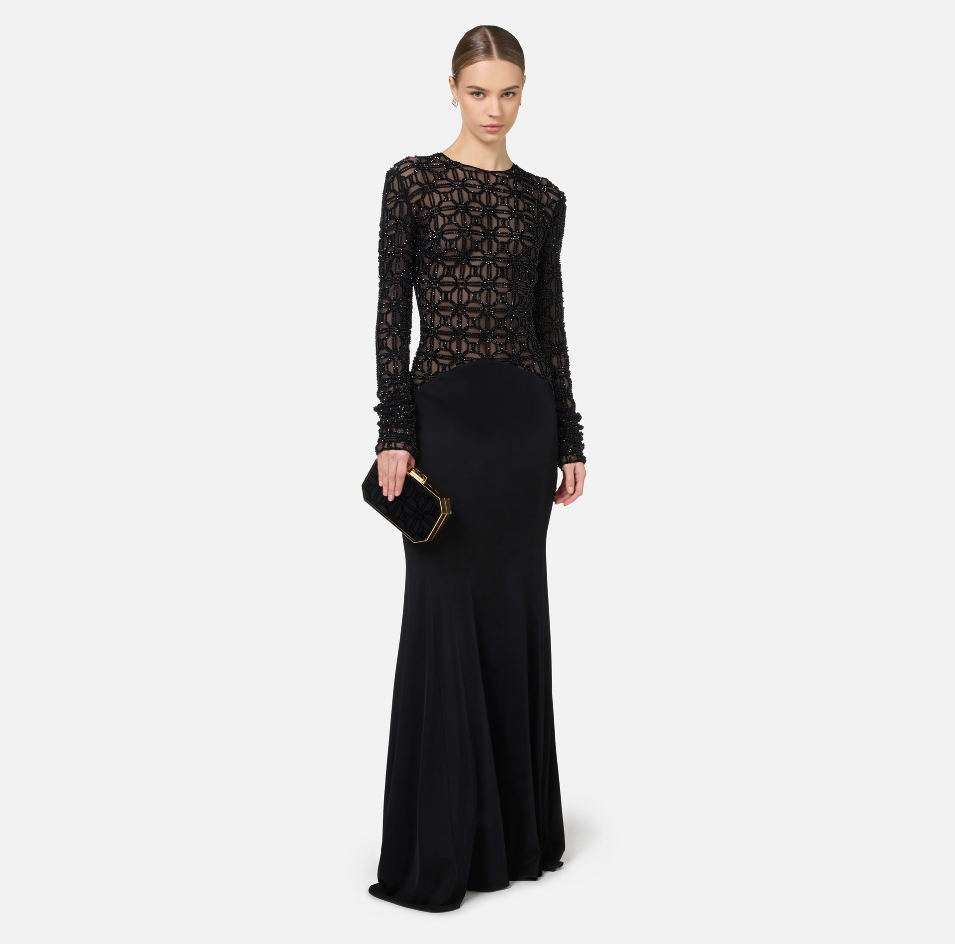 Red carpet dress in embroidered flock tulle fabric | Elisabetta Franchi® Outlet