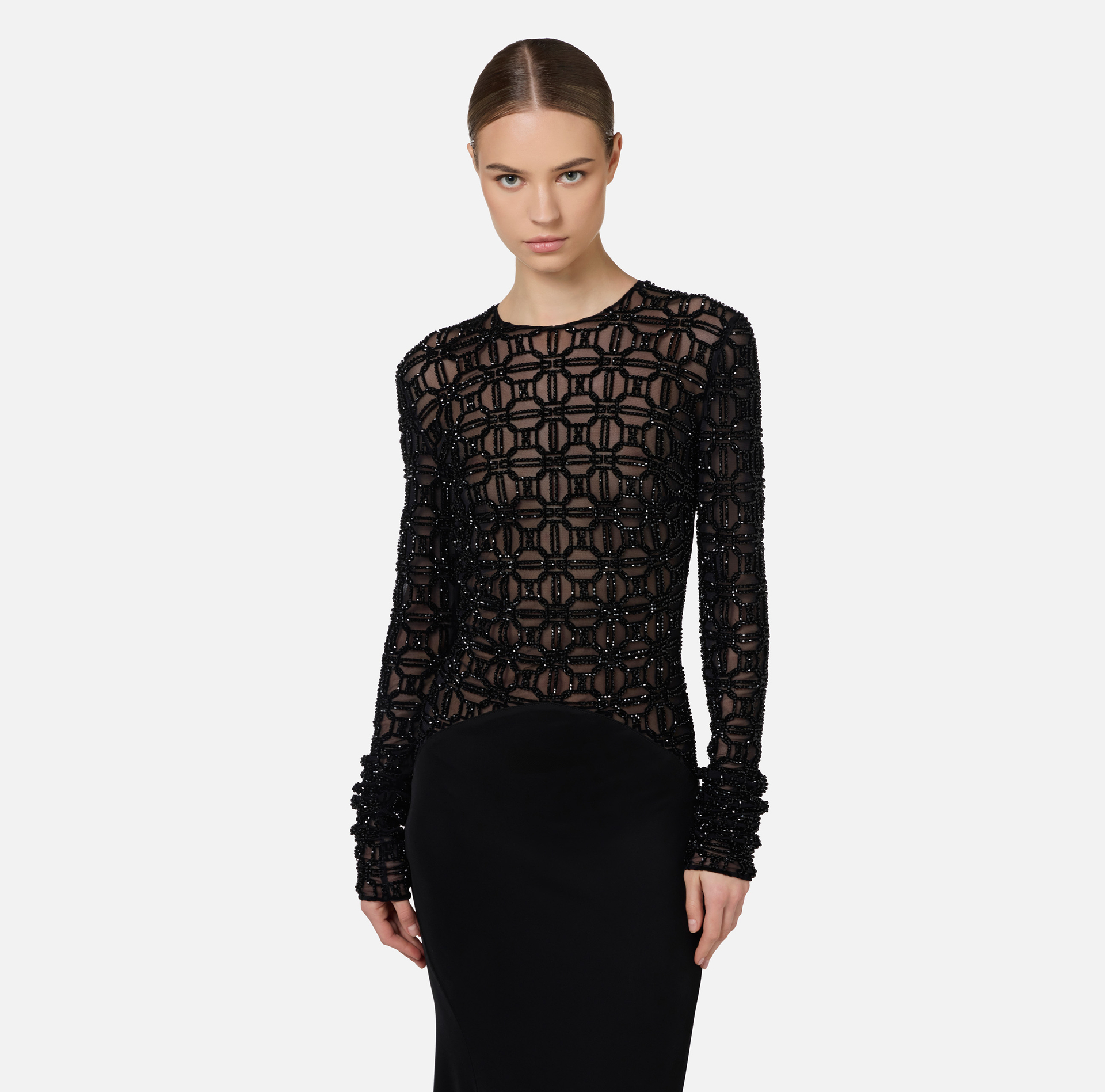 Red carpet dress in embroidered flock tulle fabric | Elisabetta Franchi® Outlet
