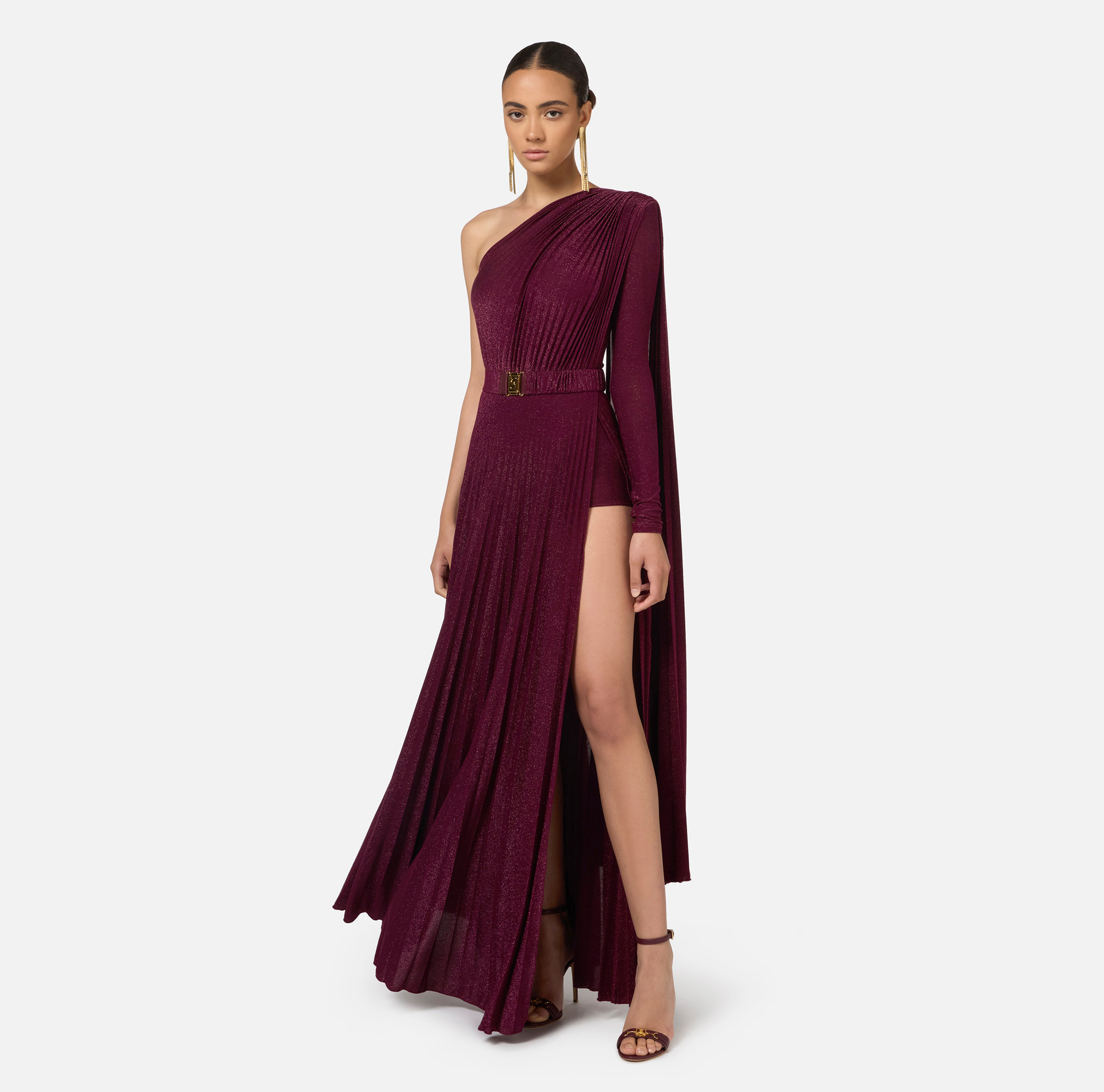 One-shoulder red carpet dress in pleated lurex jersey | Elisabetta Franchi® Outlet
