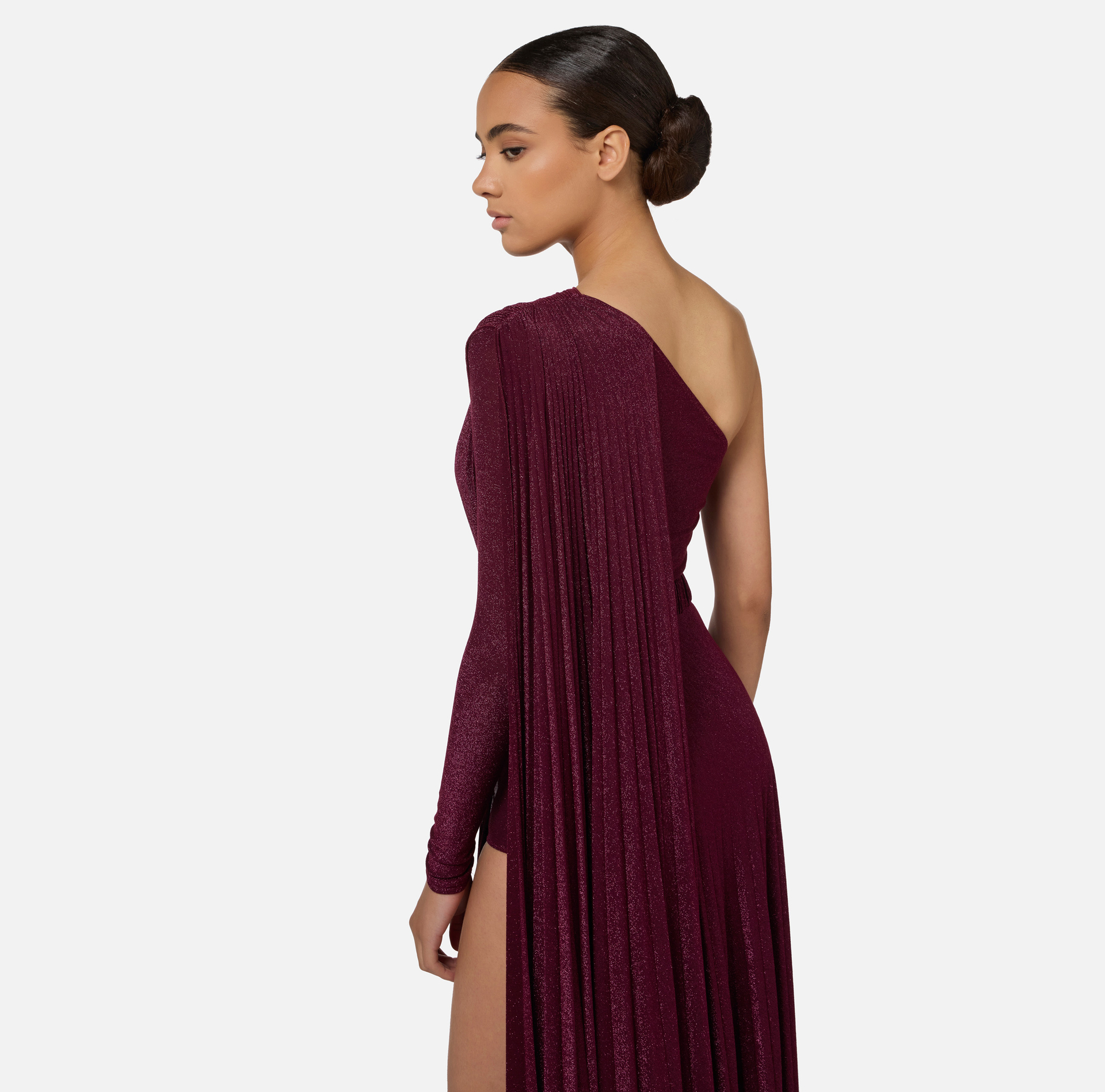 One-shoulder red carpet dress in pleated lurex jersey | Elisabetta Franchi® Outlet
