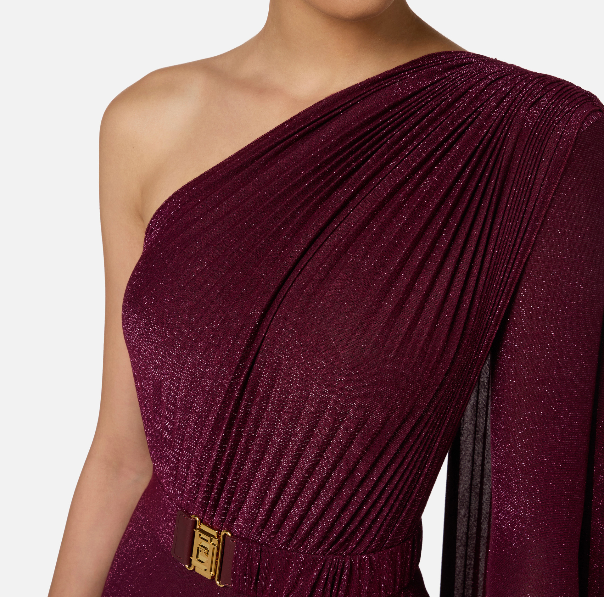 One-shoulder red carpet dress in pleated lurex jersey | Elisabetta Franchi® Outlet