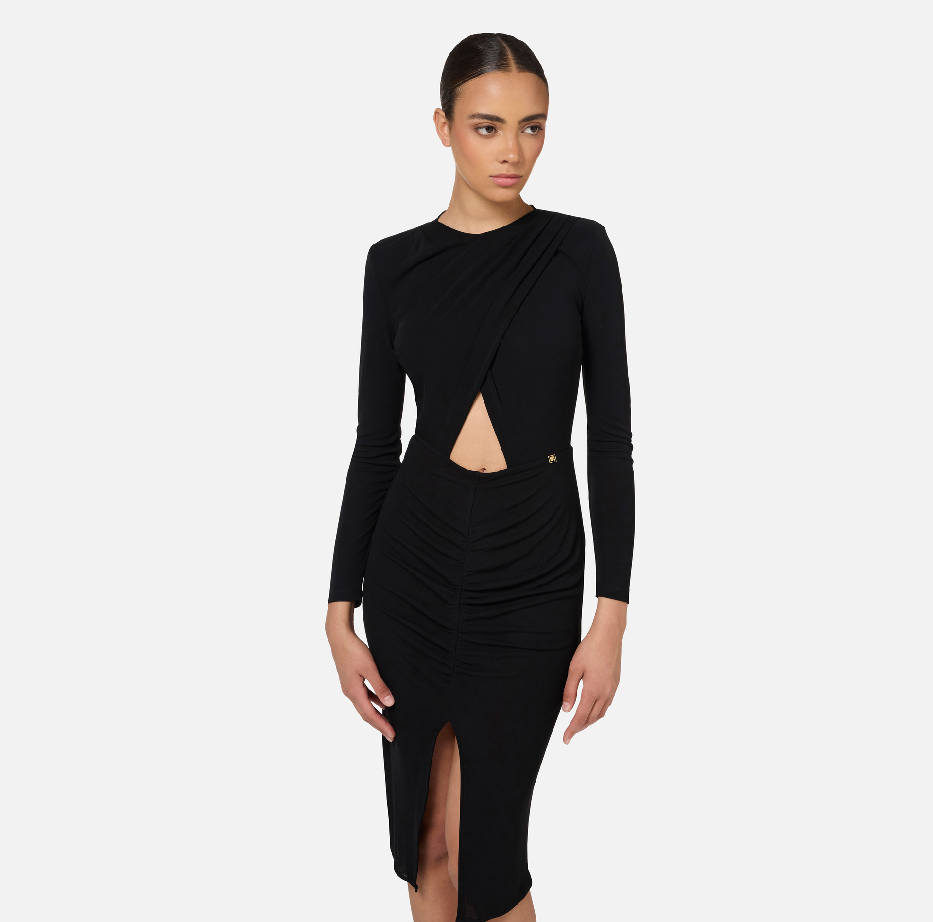 Shiny jersey midi dress with draping | Elisabetta Franchi® Outlet