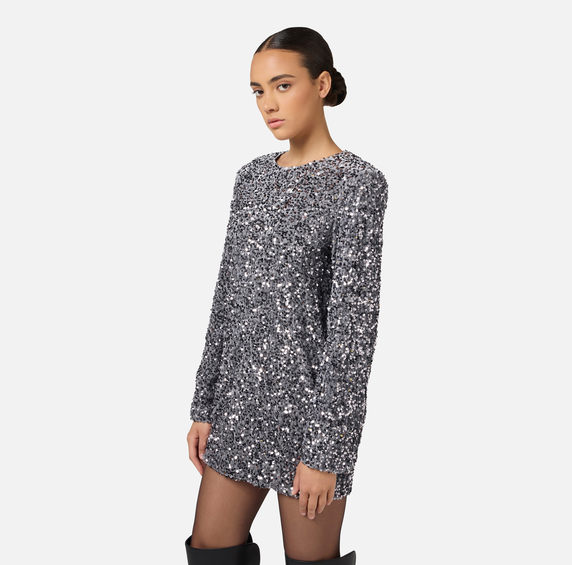 Sequin-embroidered chenille boxy mini-dress | Elisabetta Franchi® Outlet