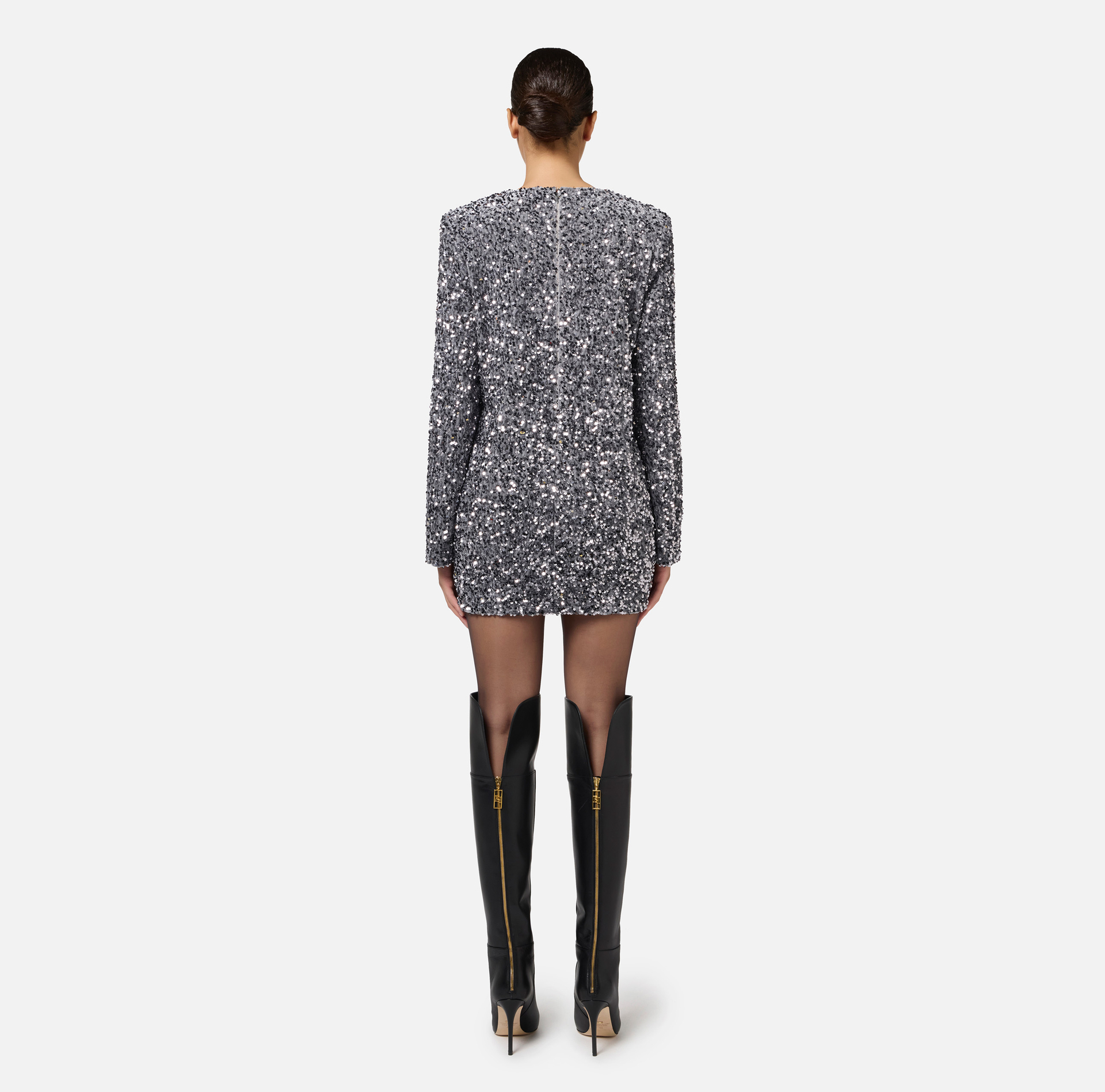 Sequin-embroidered chenille boxy mini-dress | Elisabetta Franchi® Outlet