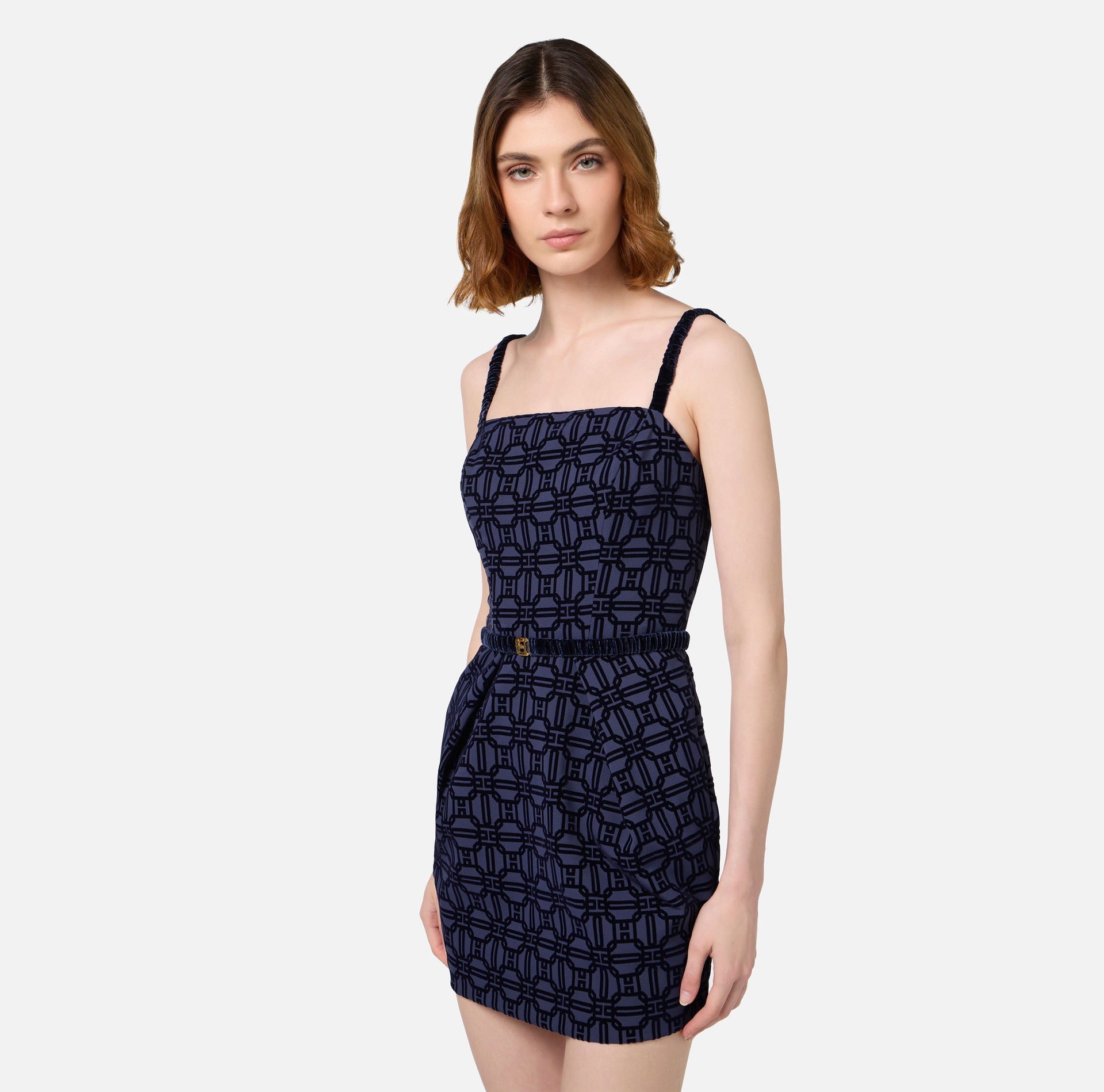 Miniabito in crêpe flock con cintura | Elisabetta Franchi® Outlet