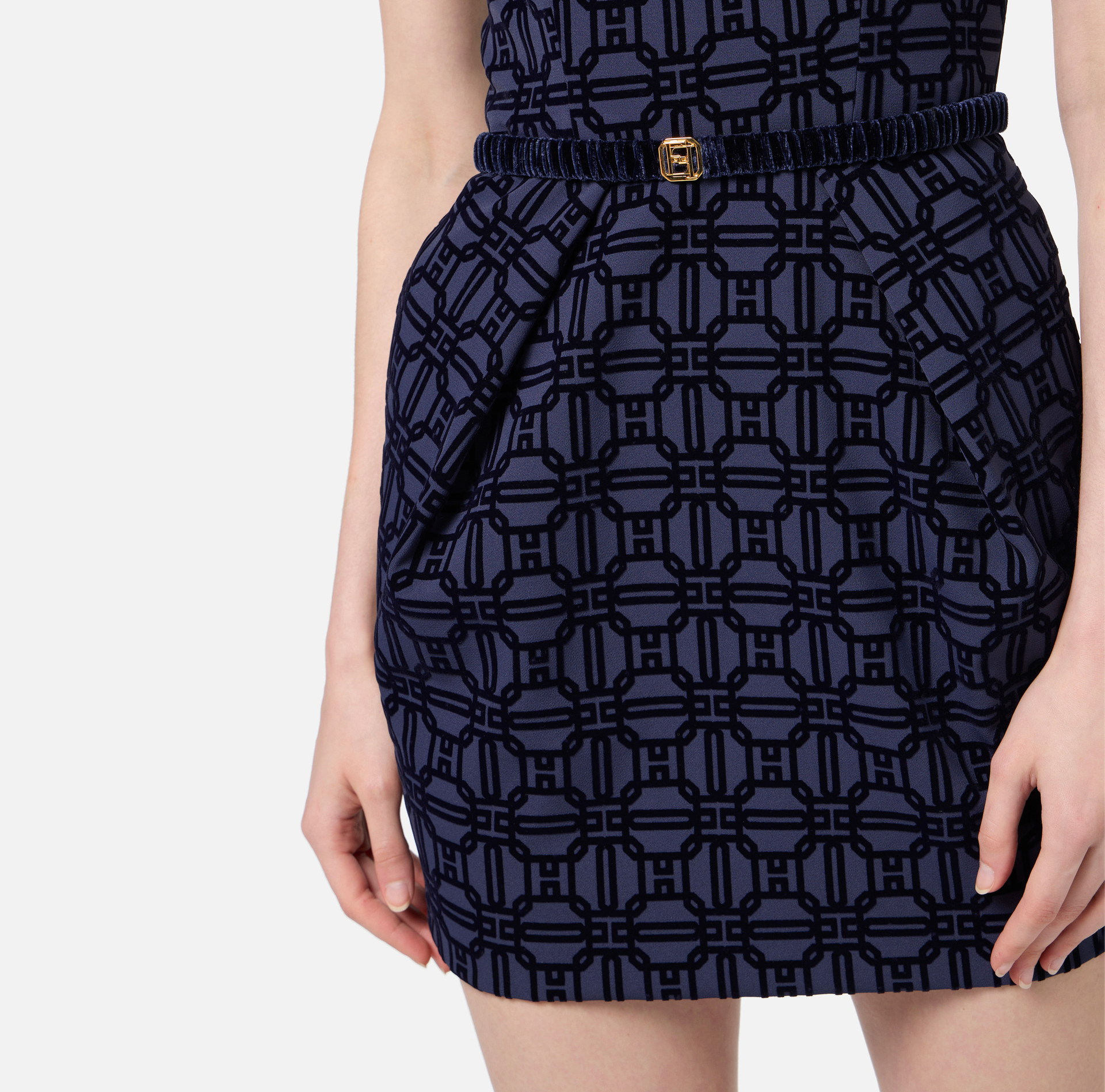 Miniabito in crêpe flock con cintura | Elisabetta Franchi® Outlet