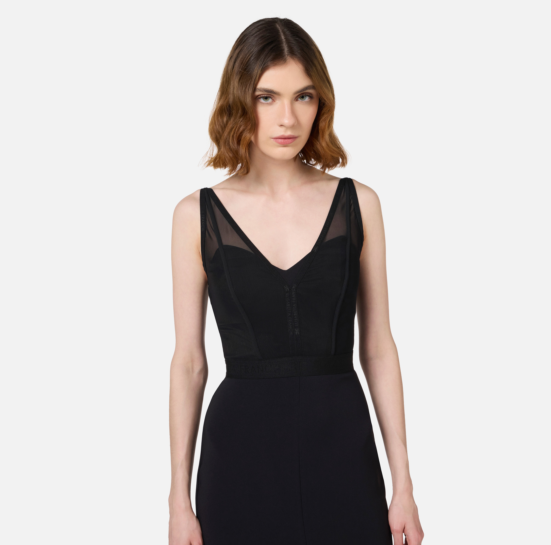 Robe midi avec top bustier en tulle et crêpe | Elisabetta Franchi® Outlet