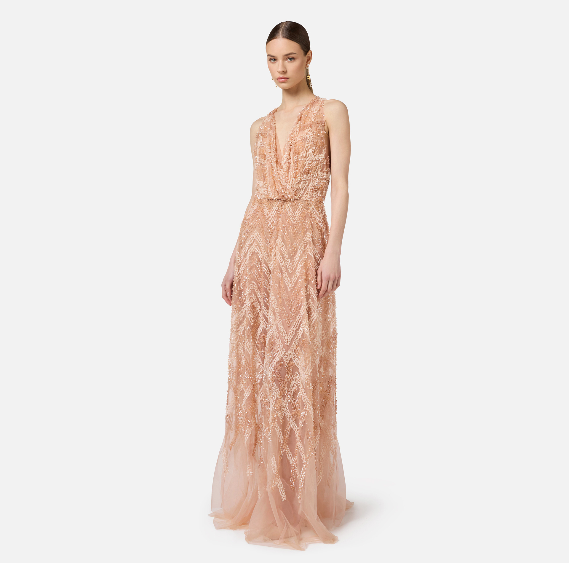 Robe Red Carpet en tulle avec broderie de sequins chevrons | Elisabetta Franchi® Outlet