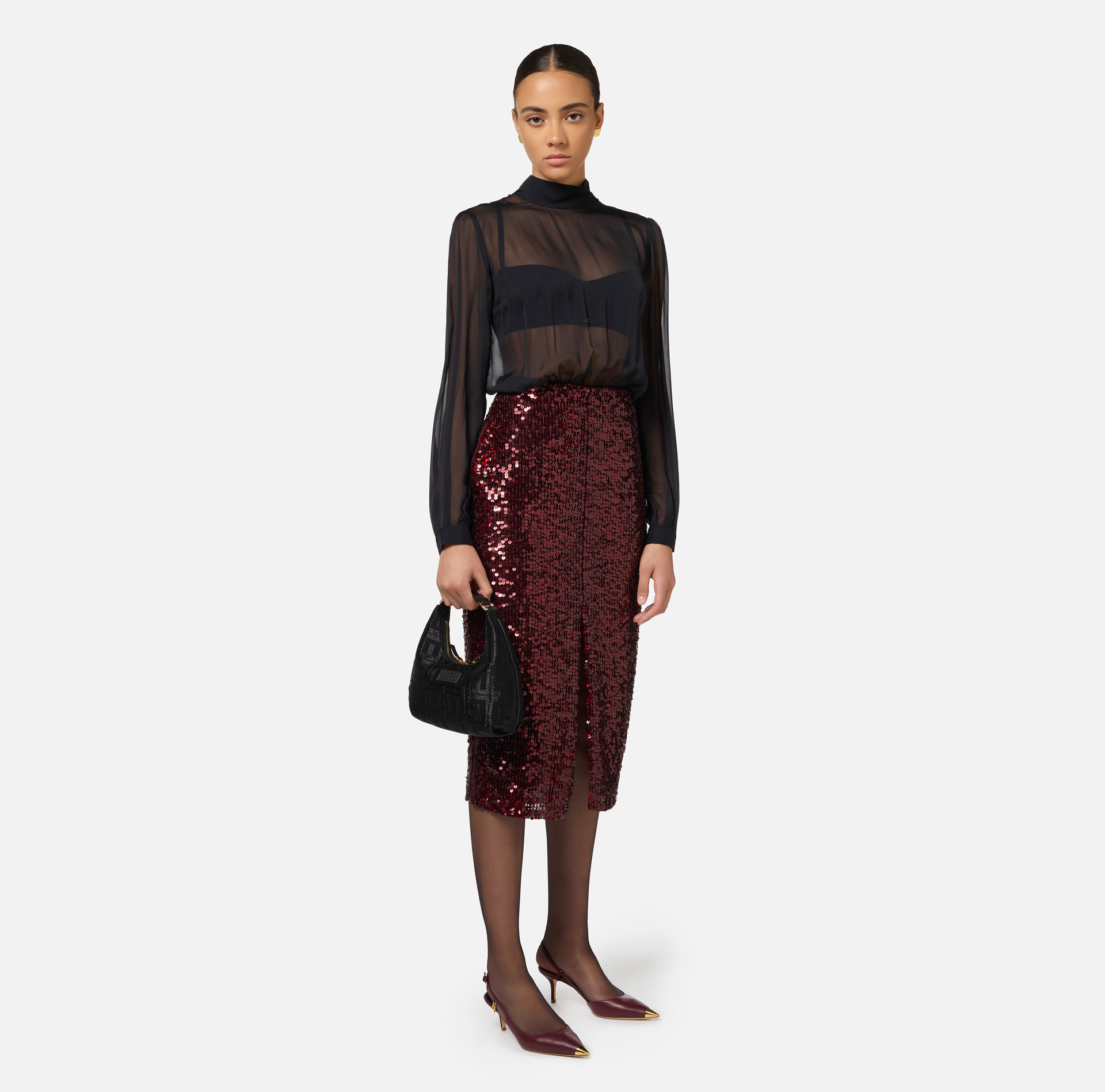 Midi-Kleid aus Georgette mit Pailletten-Stickerei | Elisabetta Franchi® Outlet