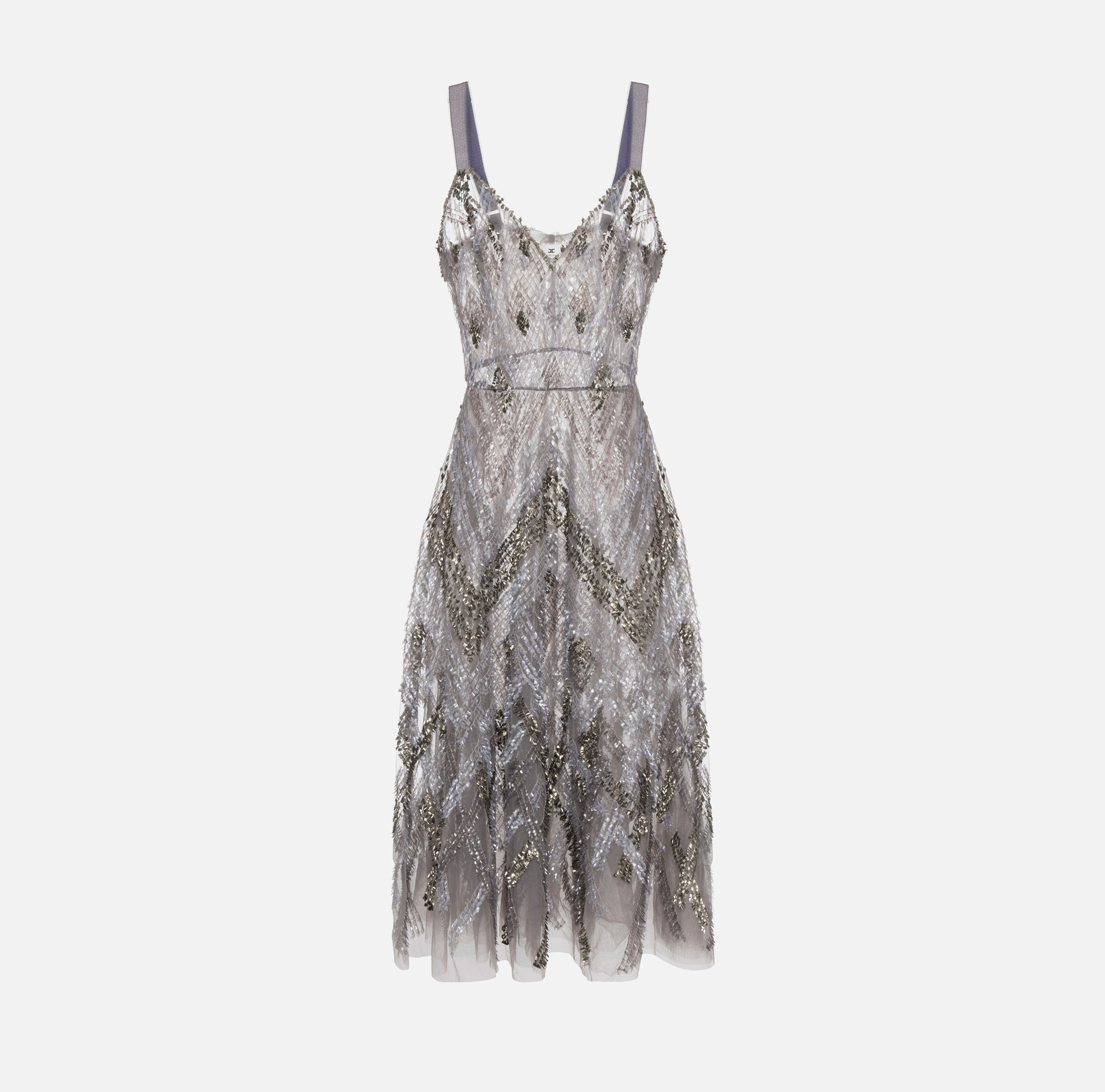 Abito midi in tulle con ricamo paillettes chevron | Elisabetta Franchi® Outlet