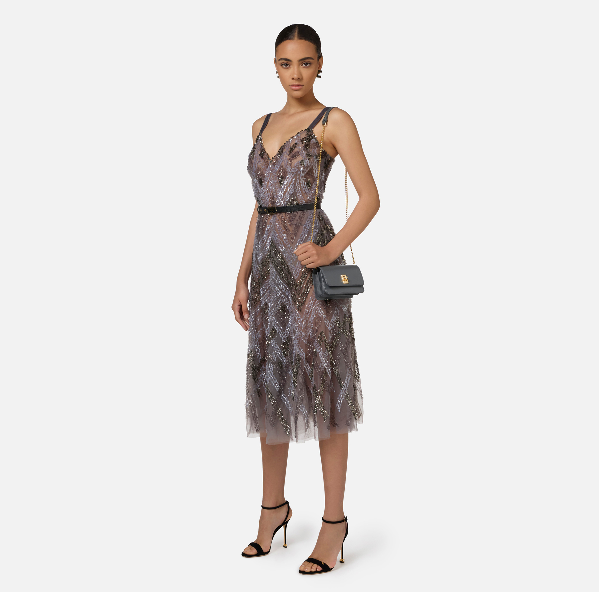 Abito midi in tulle con ricamo paillettes chevron | Elisabetta Franchi® Outlet