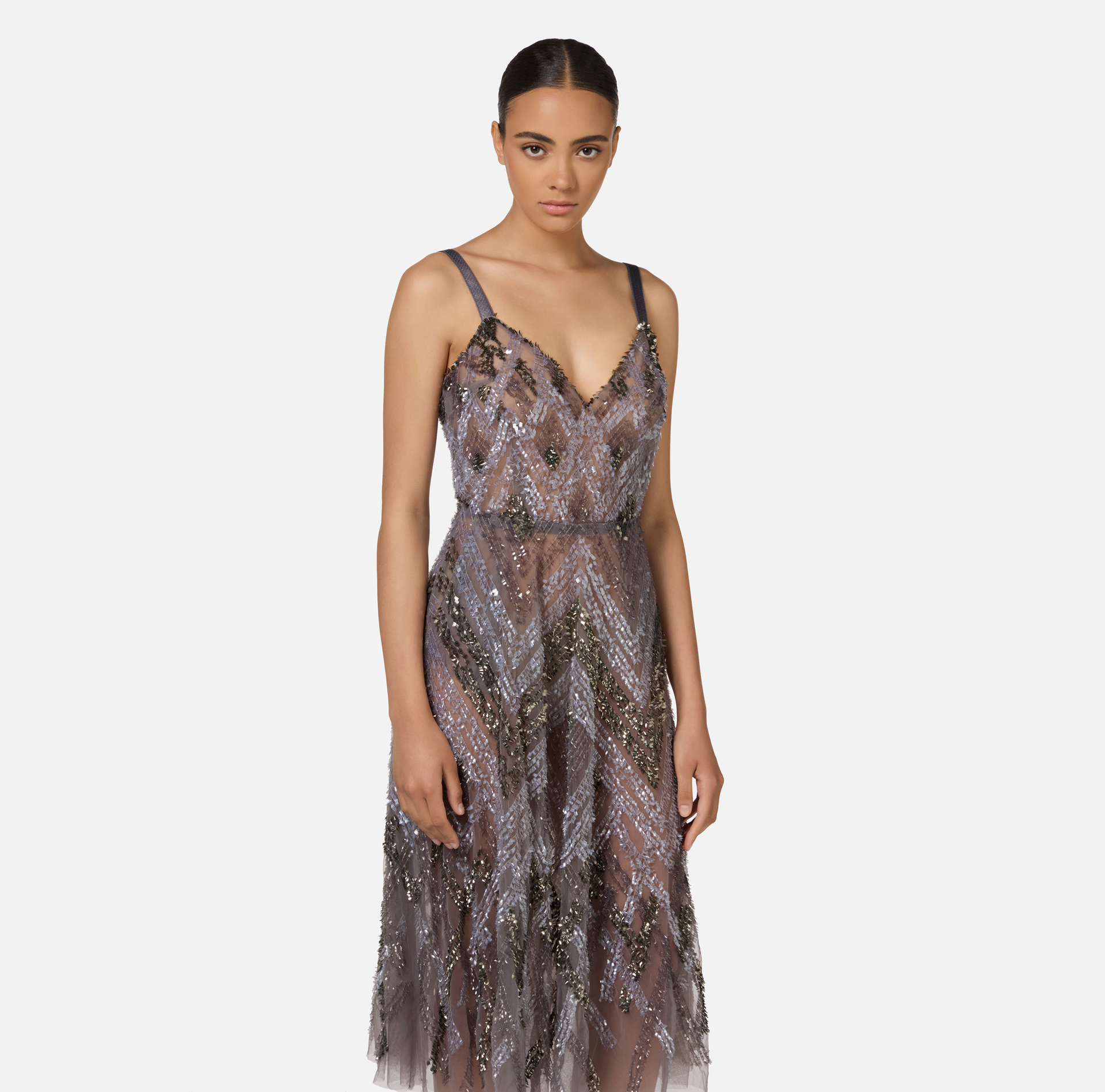 Abito midi in tulle con ricamo paillettes chevron | Elisabetta Franchi® Outlet