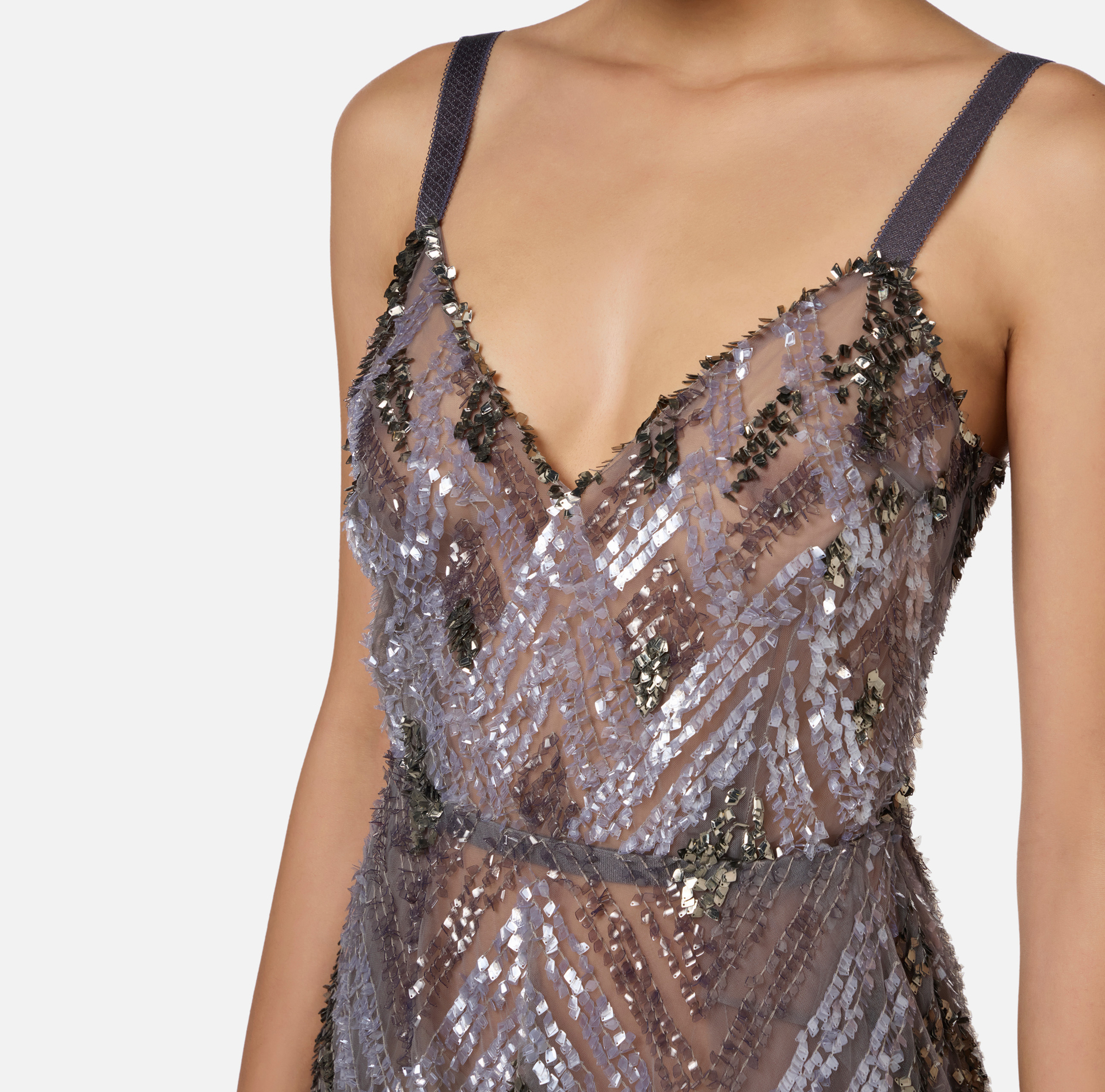 Abito midi in tulle con ricamo paillettes chevron | Elisabetta Franchi® Outlet