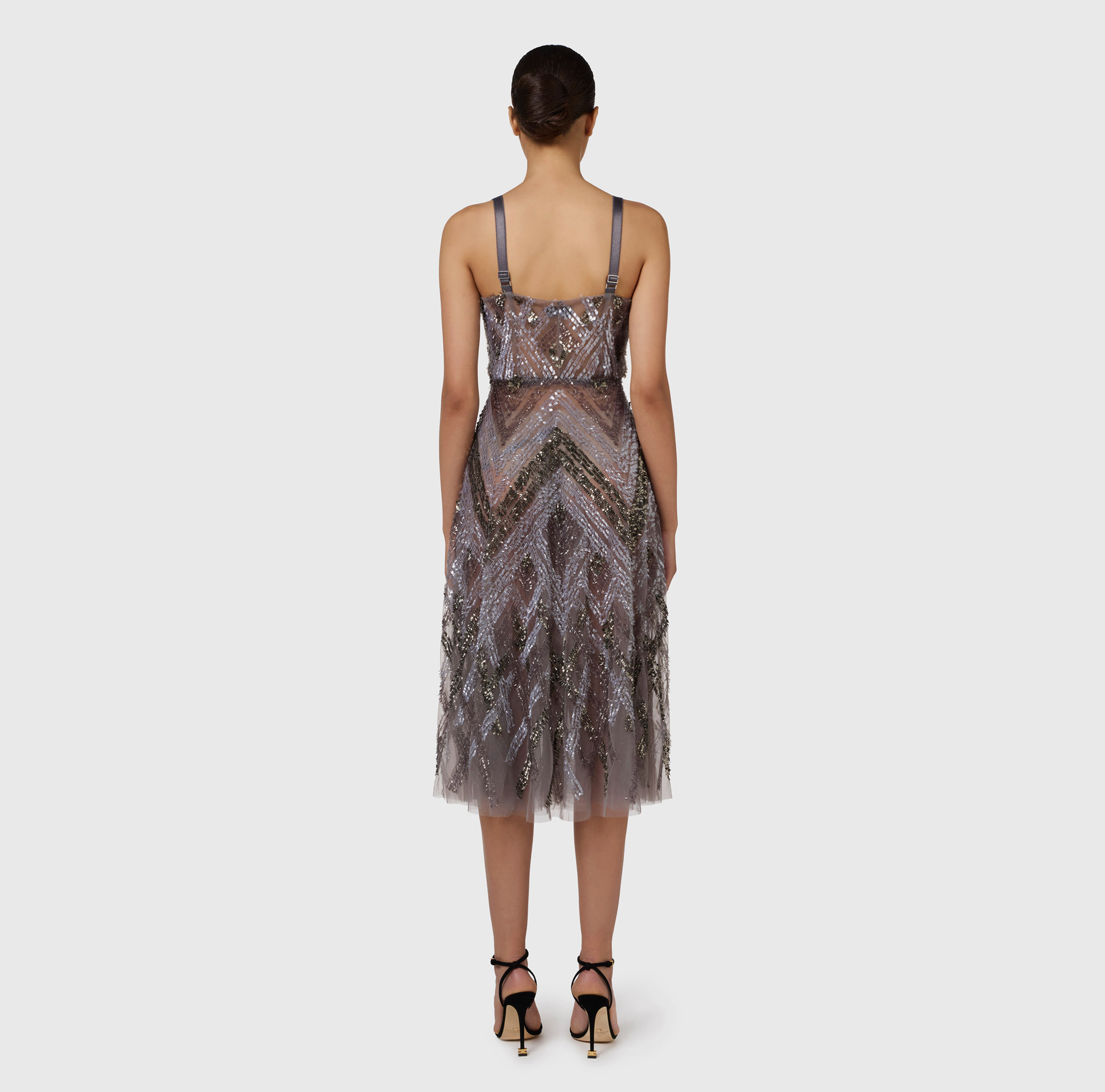 Abito midi in tulle con ricamo paillettes chevron | Elisabetta Franchi® Outlet