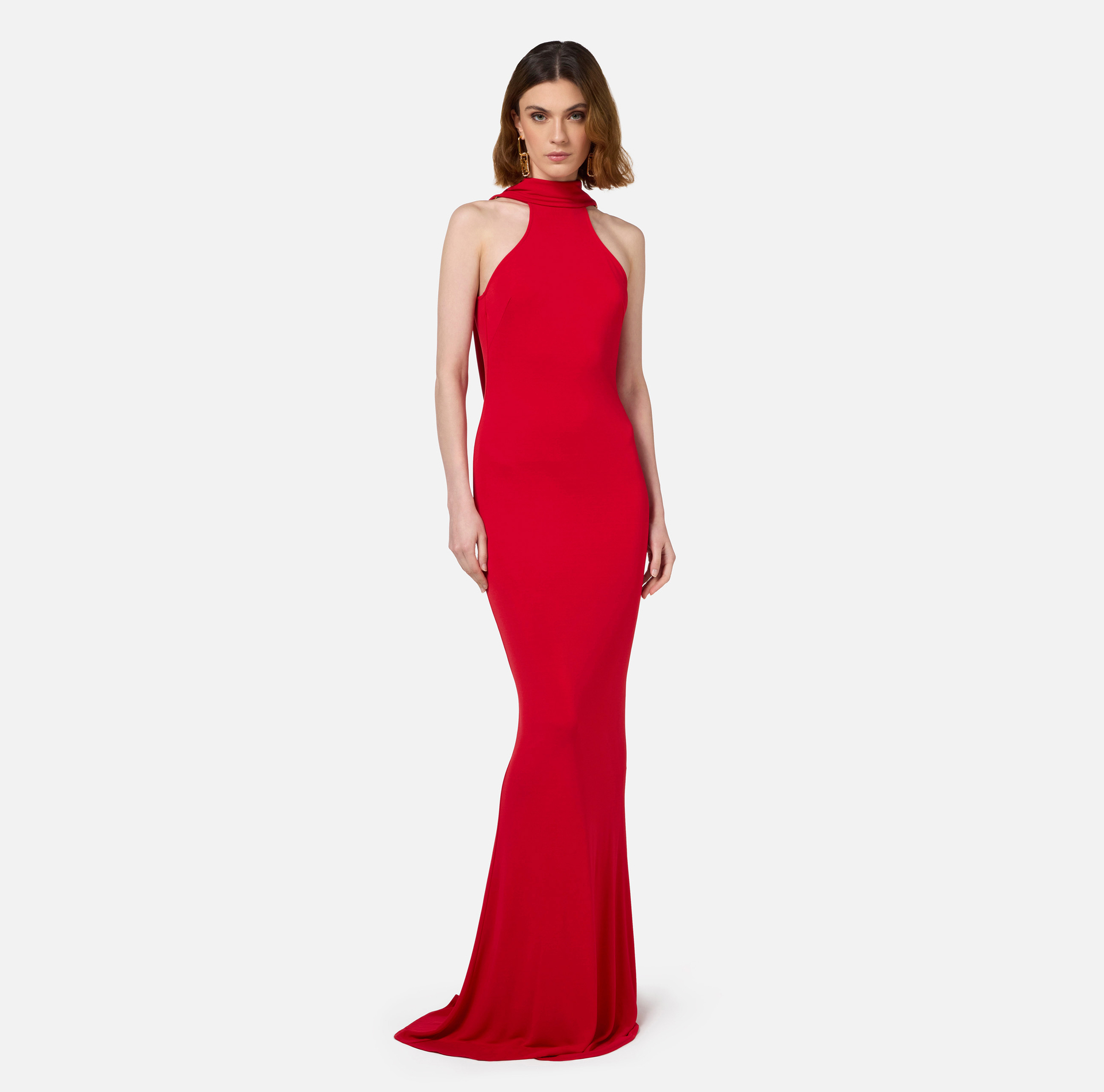Red carpet dress in jersey with necklace on the back | Elisabetta Franchi® Outlet