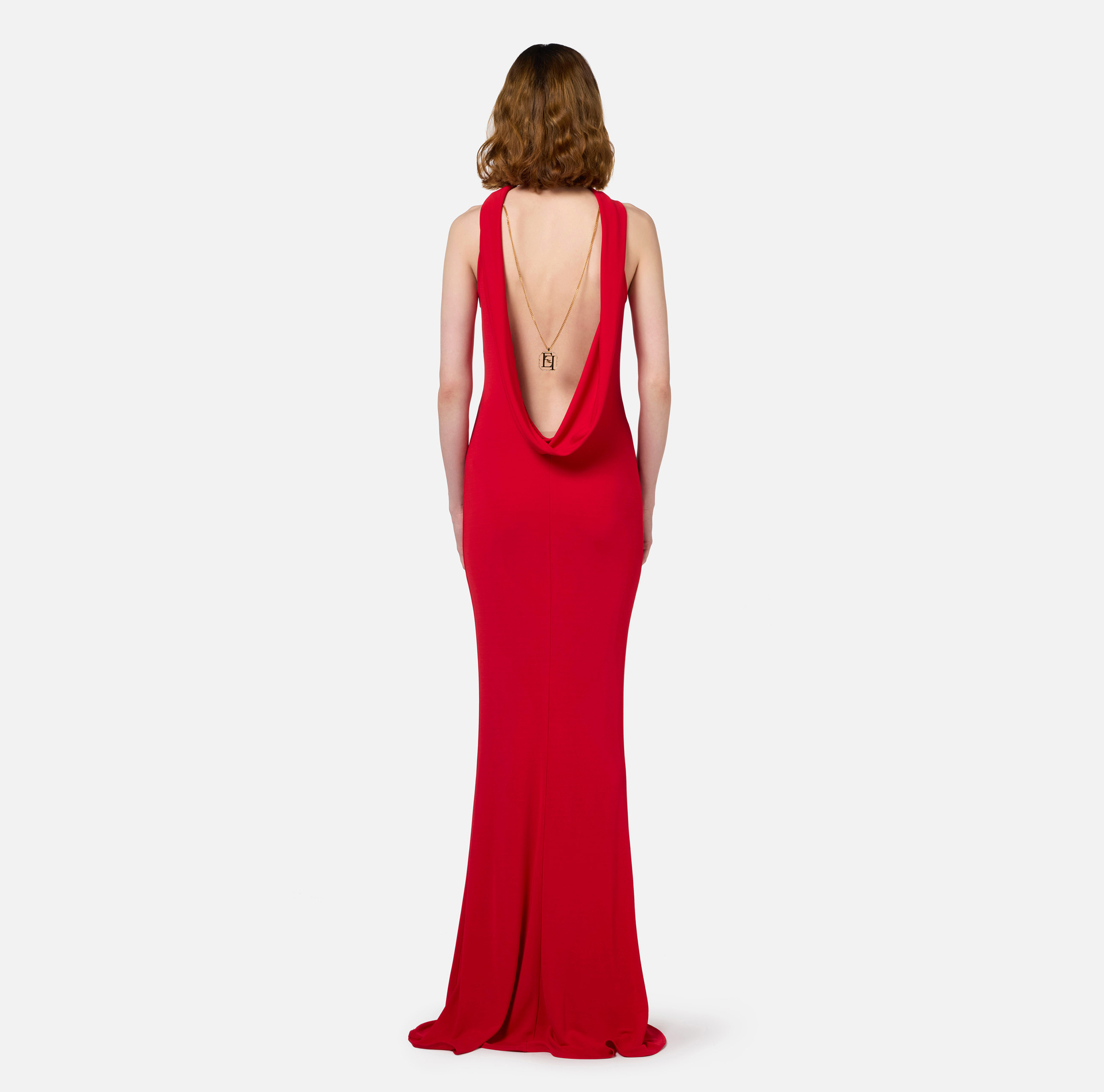 Red carpet dress in jersey with necklace on the back | Elisabetta Franchi® Outlet