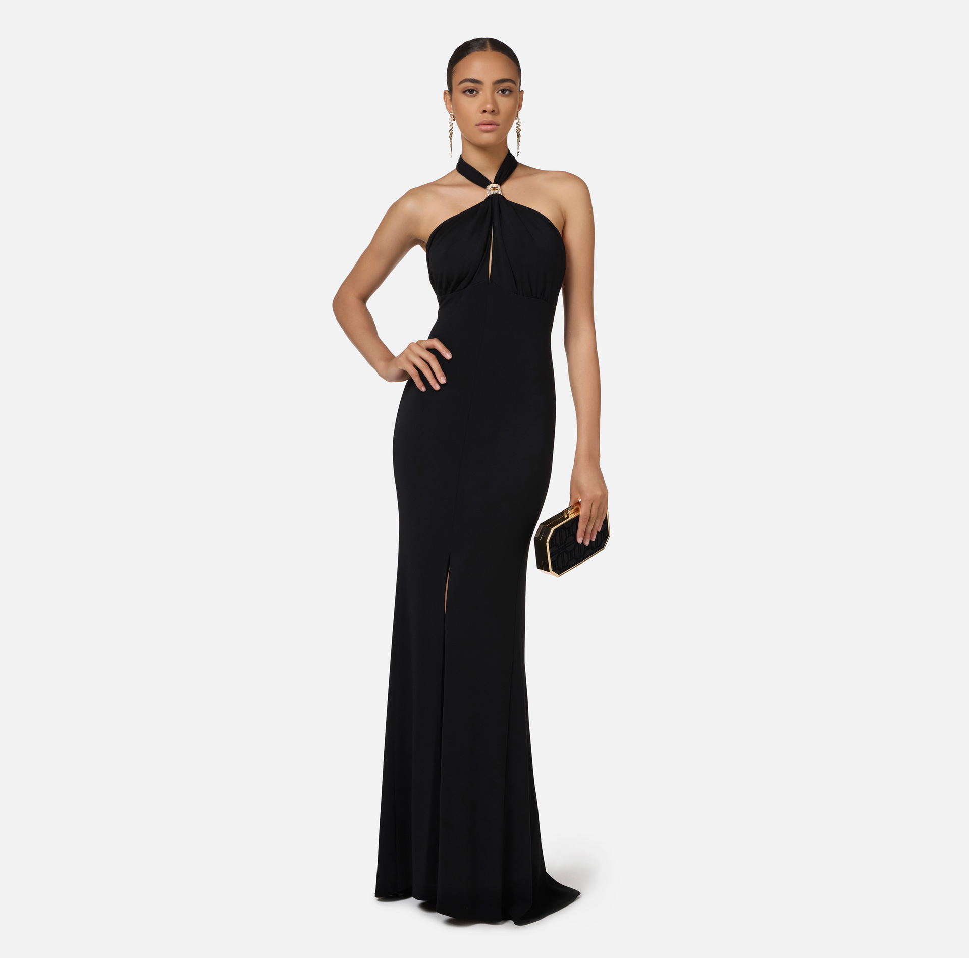 Red carpet dress in jersey with draping and logo plaque | Elisabetta Franchi® Outlet