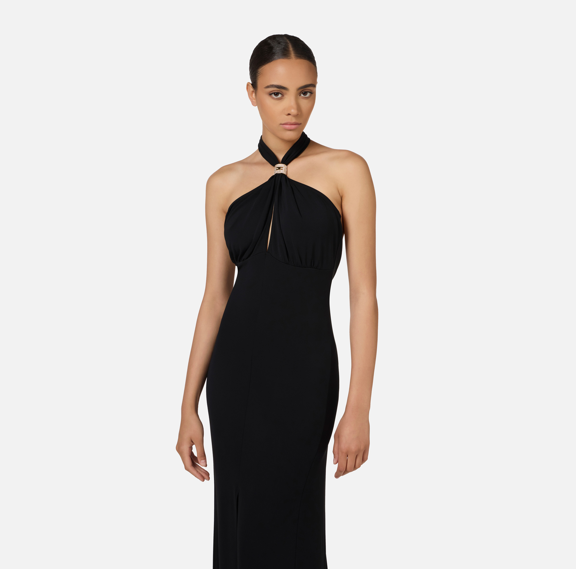 Abito red carpet in jersey con drappeggio e placca logo | Elisabetta Franchi® Outlet