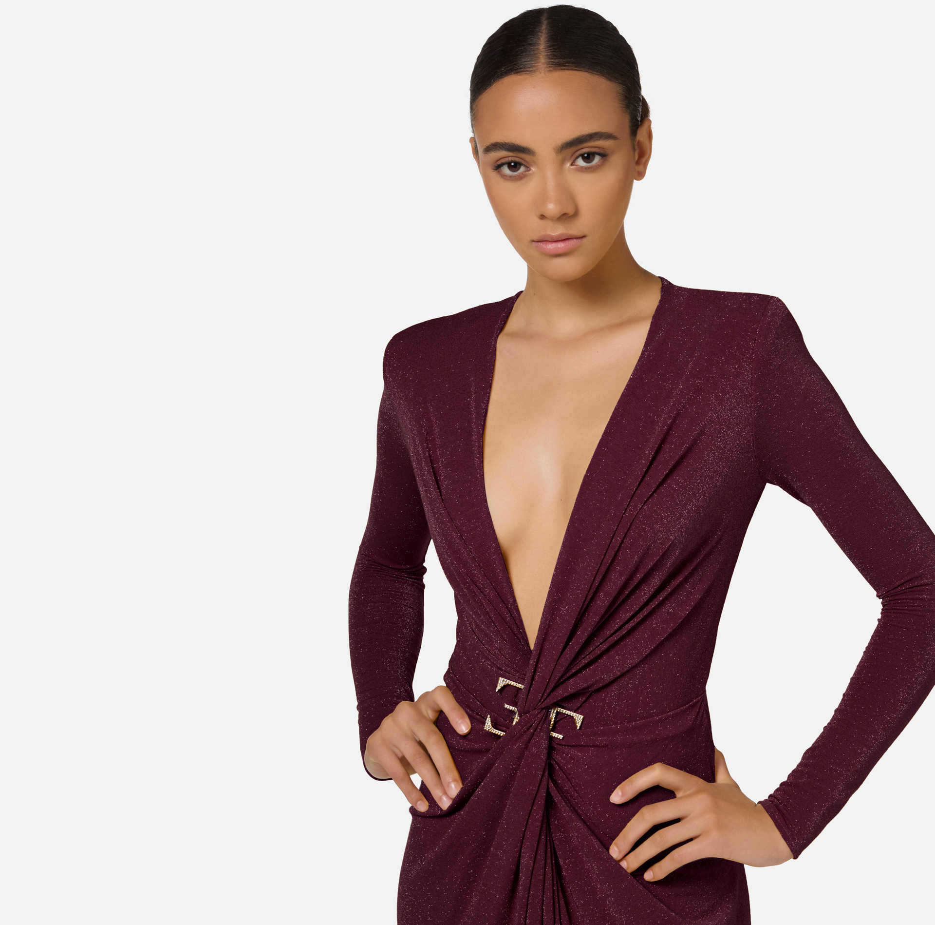 Red carpet dress in lurex jersey with knot and logo accessory - Elisabetta Franchi® Outlet