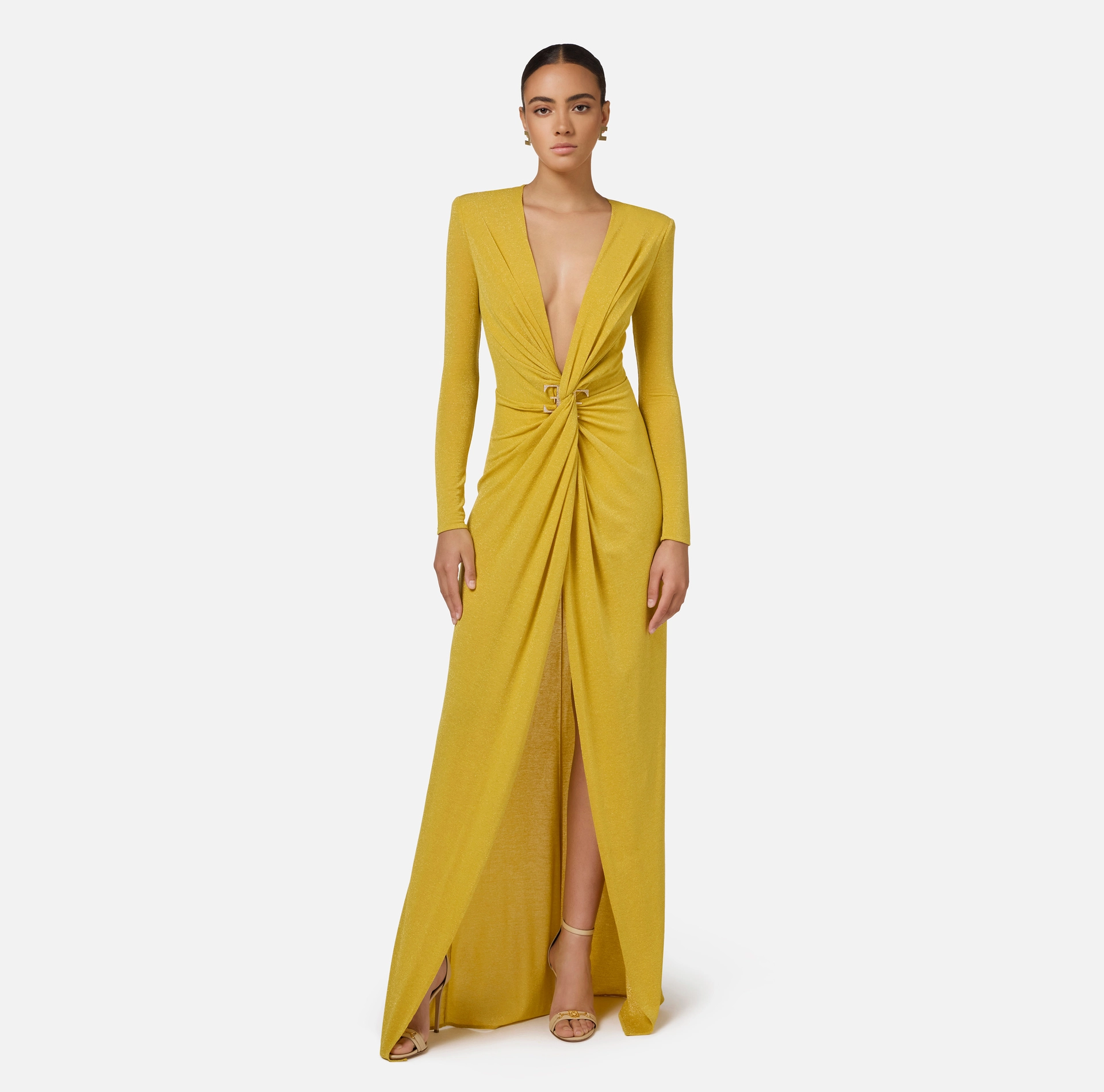 Red carpet dress in lurex jersey with knot and logo accessory | Elisabetta Franchi® Outlet