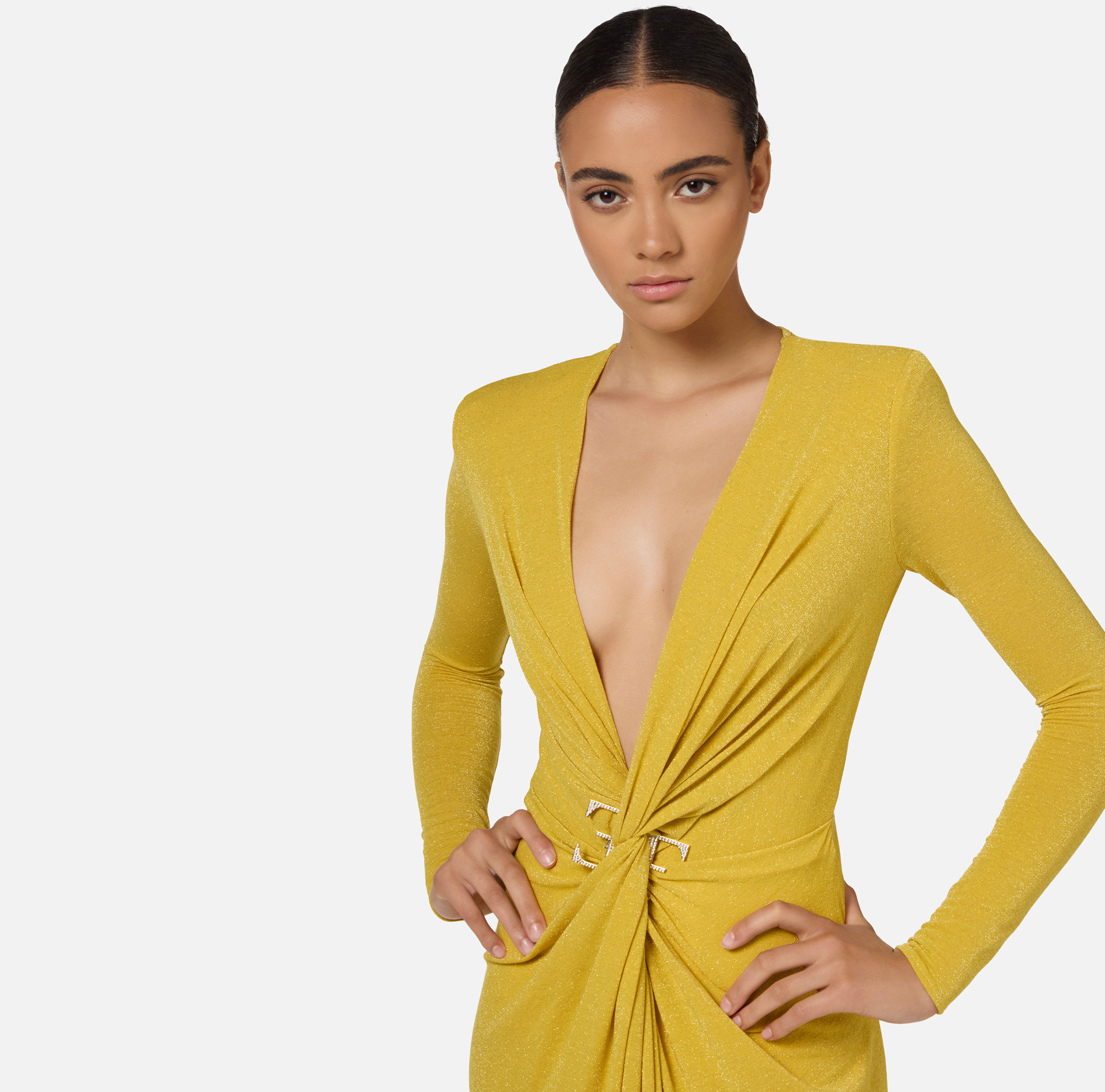 Red carpet dress in lurex jersey with knot and logo accessory | Elisabetta Franchi® Outlet