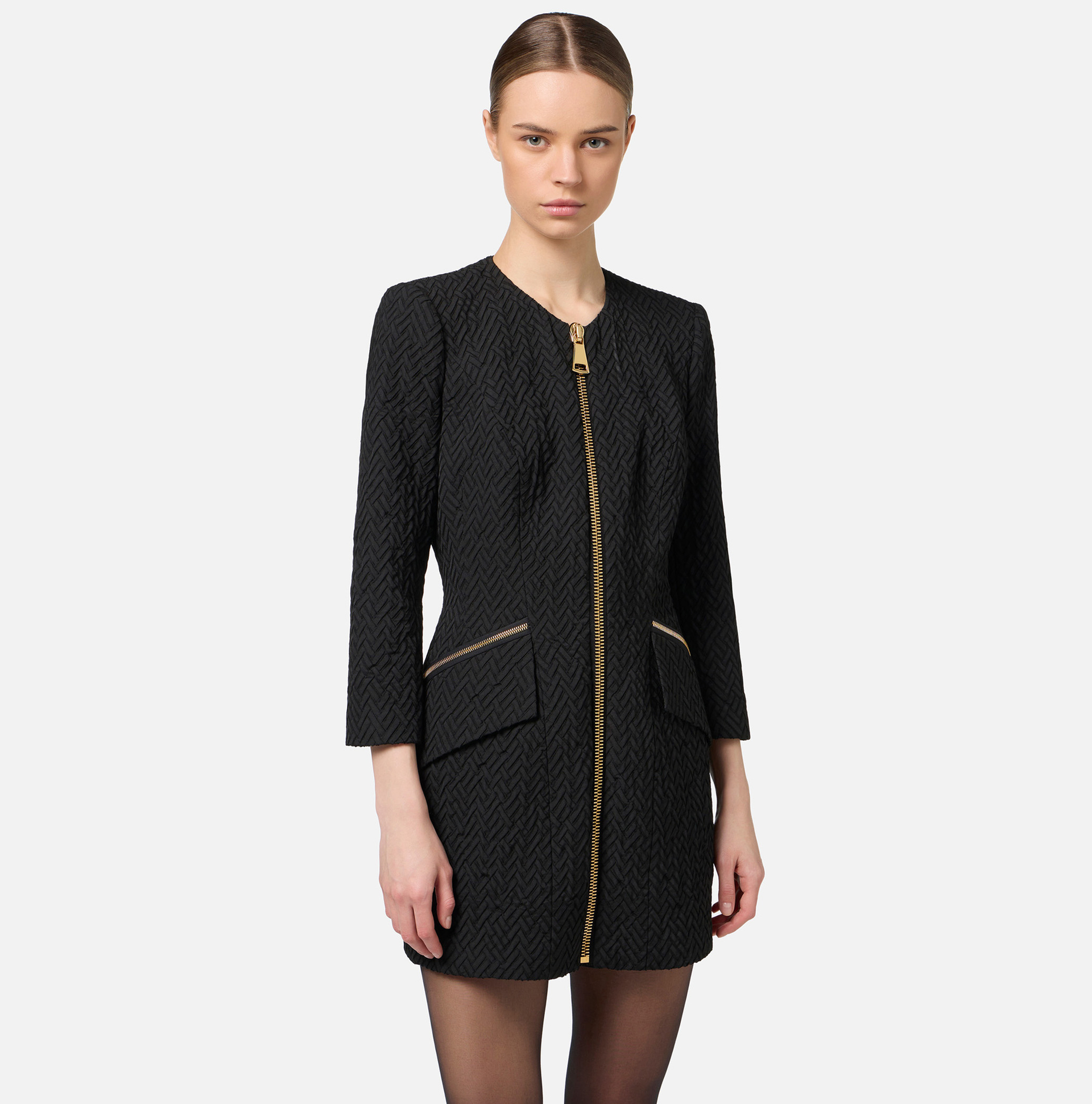 Herringbone tweed mini-dress with zip | Elisabetta Franchi® Outlet