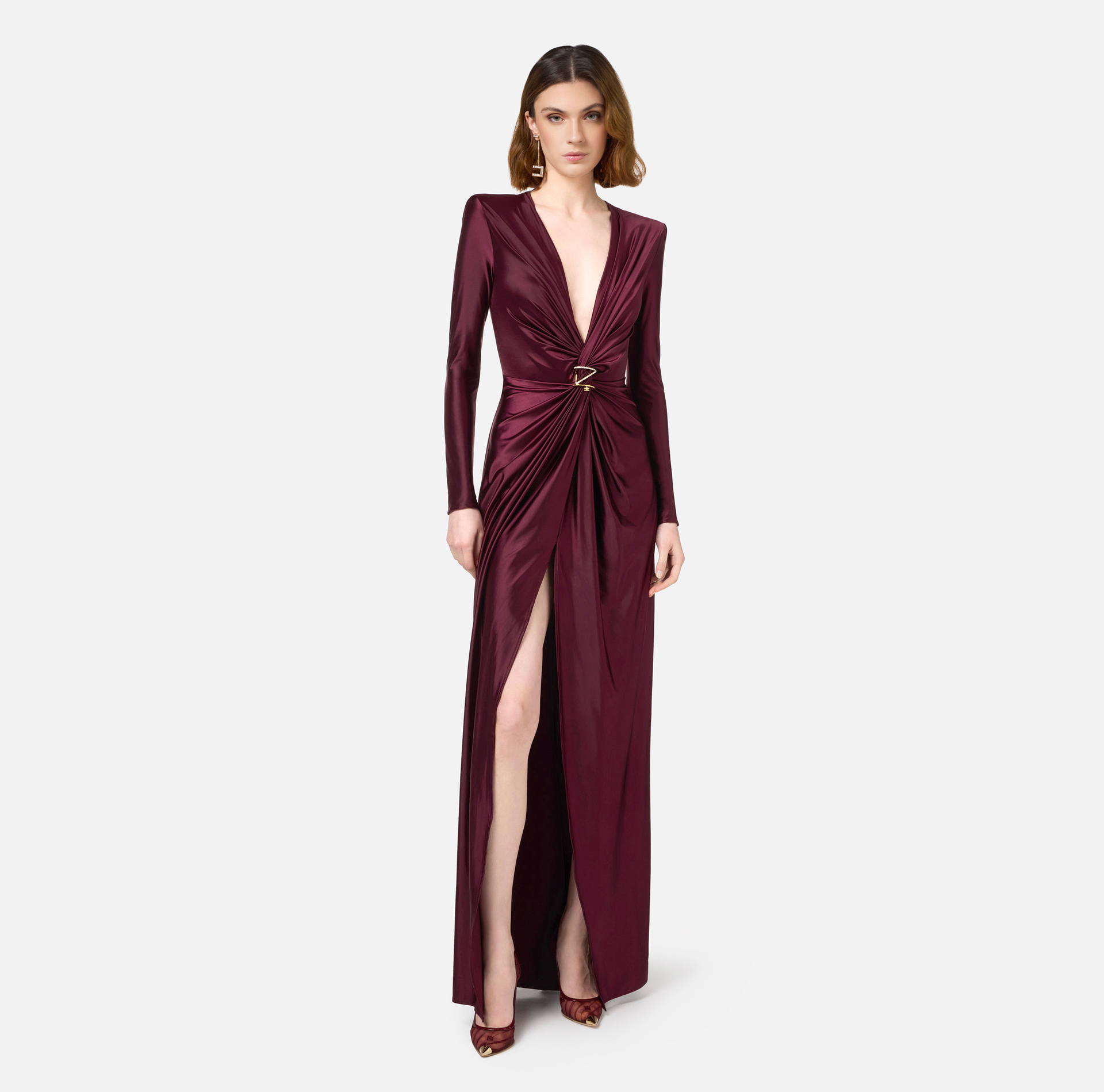 Red carpet dress in Lycra with knot and logo accessory | Elisabetta Franchi® Outlet