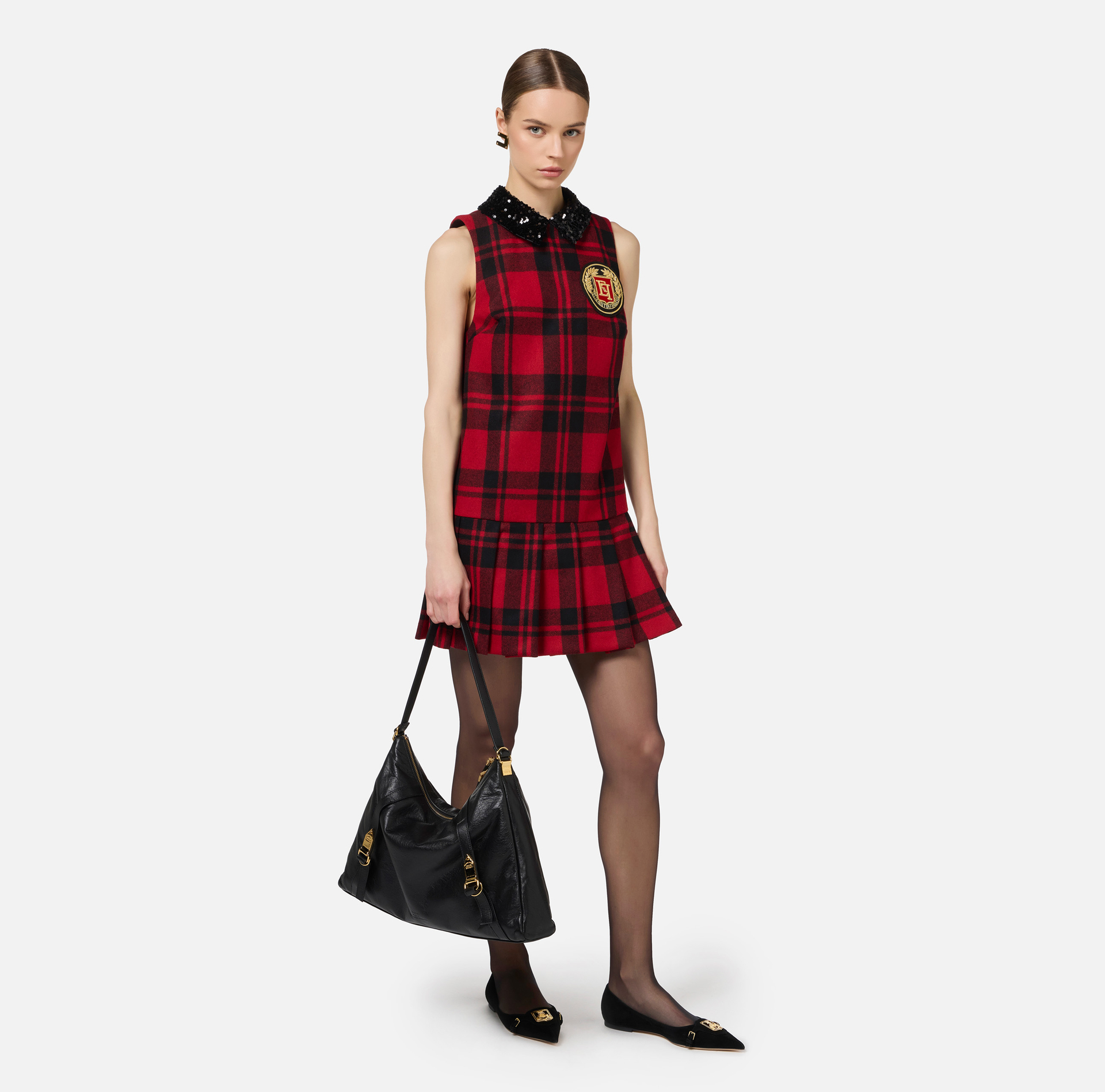 Minikleid aus Wolle im Schottenmuster mit gesticktem Patch | Elisabetta Franchi® Outlet