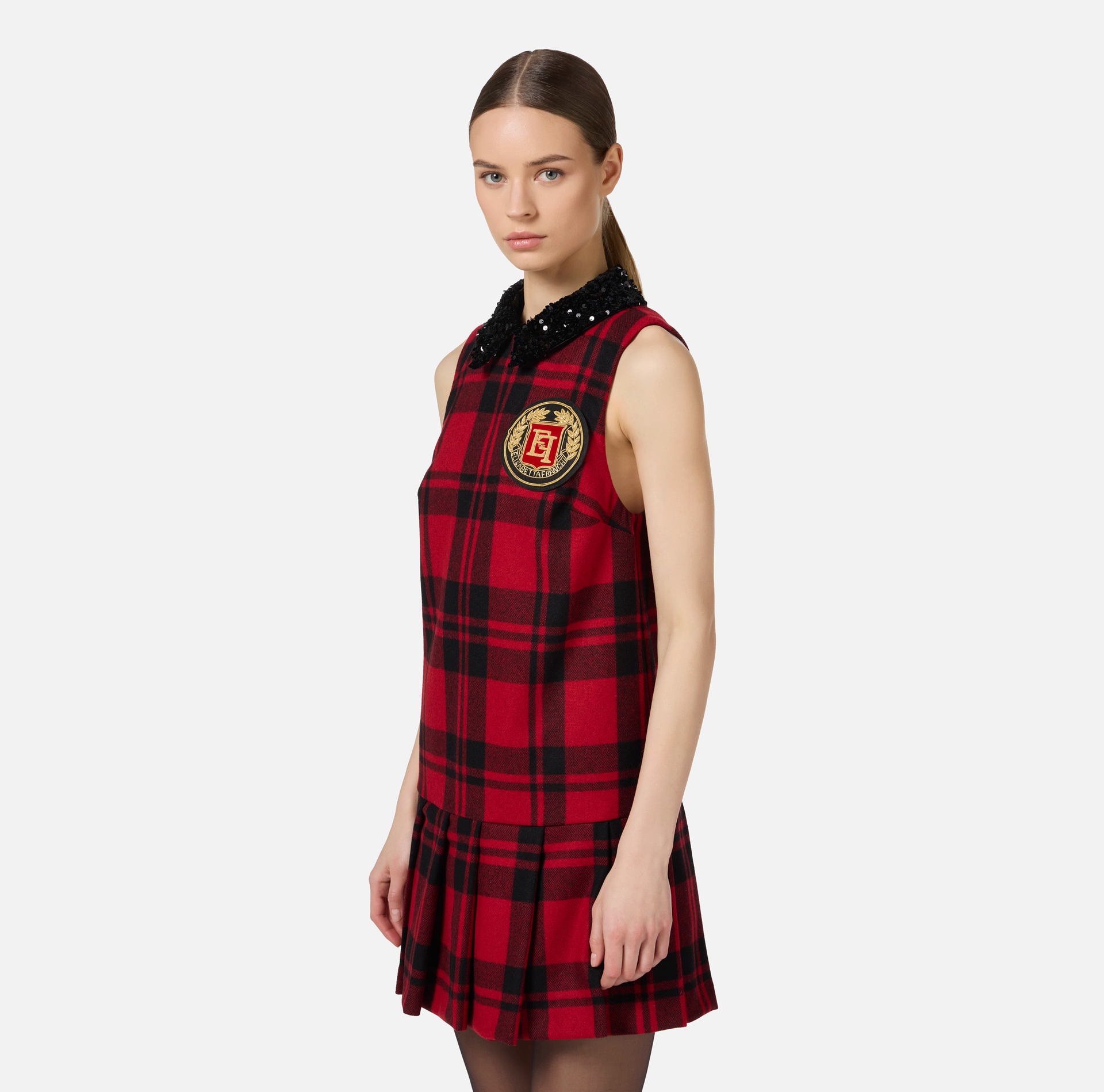 Minikleid aus Wolle im Schottenmuster mit gesticktem Patch | Elisabetta Franchi® Outlet