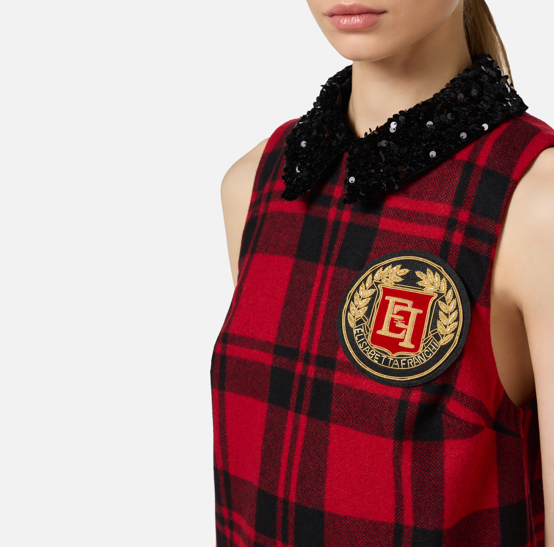 Minikleid aus Wolle im Schottenmuster mit gesticktem Patch | Elisabetta Franchi® Outlet