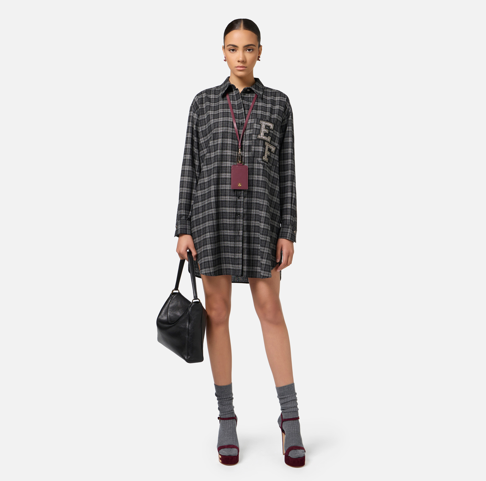 Robe chemise en laine tartan avec patch brodé | Elisabetta Franchi® Outlet