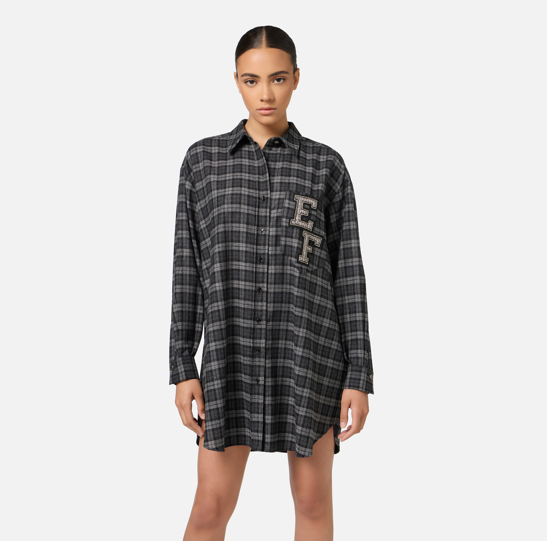 Robe chemise en laine tartan avec patch brodé | Elisabetta Franchi® Outlet