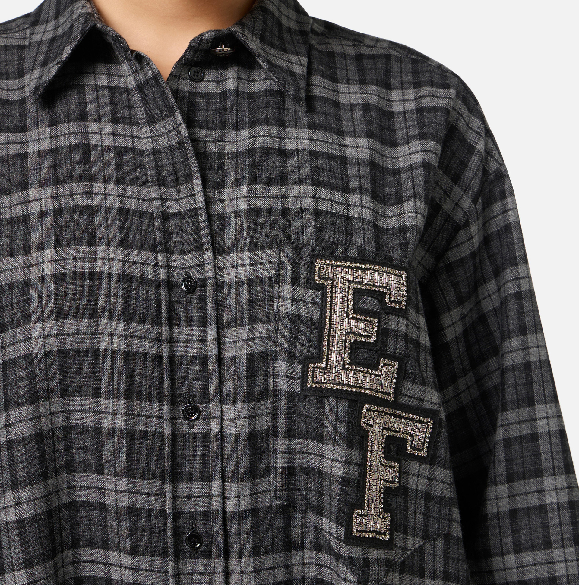Robe chemise en laine tartan avec patch brodé | Elisabetta Franchi® Outlet