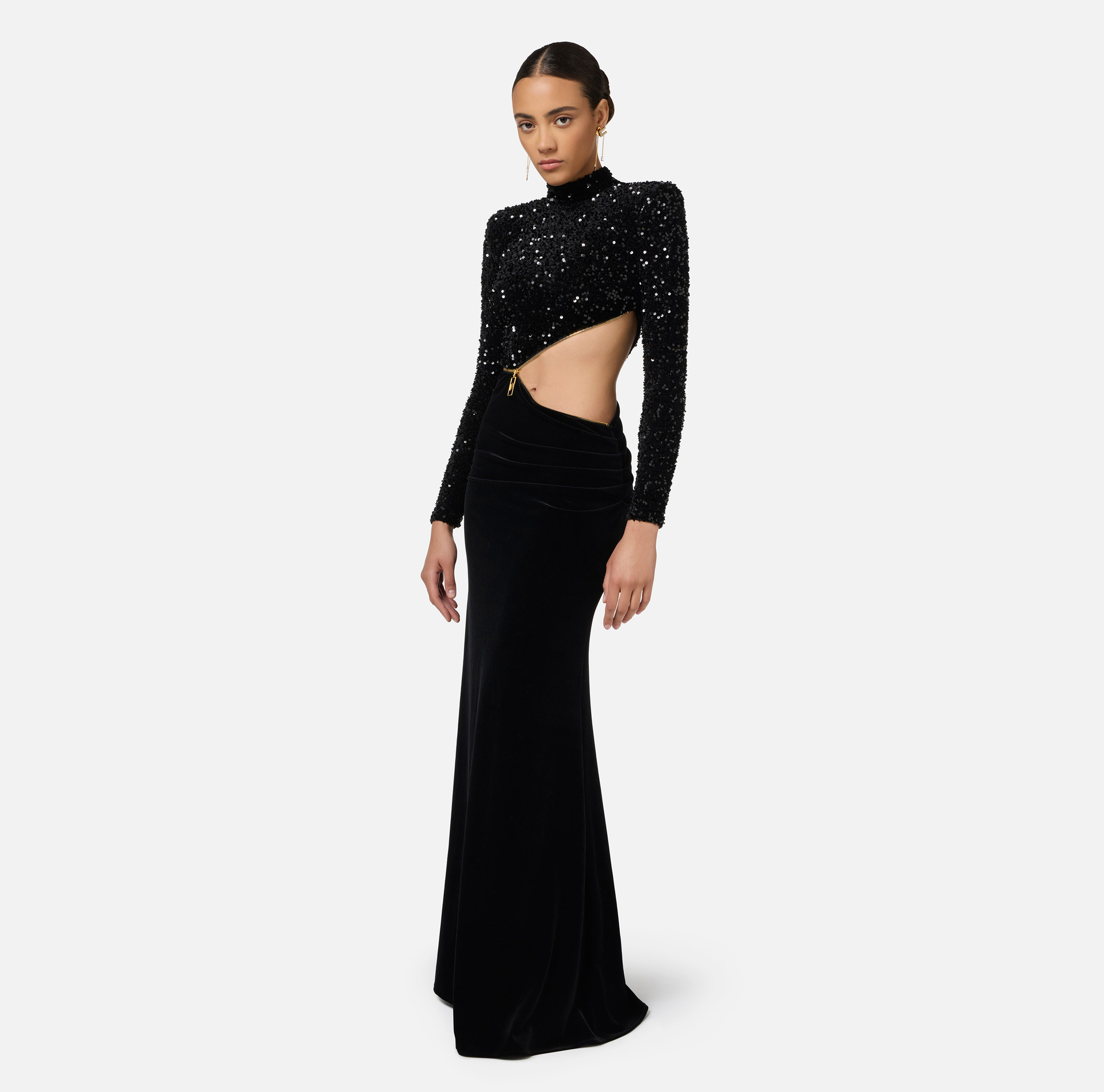 Sequin-embroidered chenille red carpet dress with cut-out | Elisabetta Franchi® Outlet